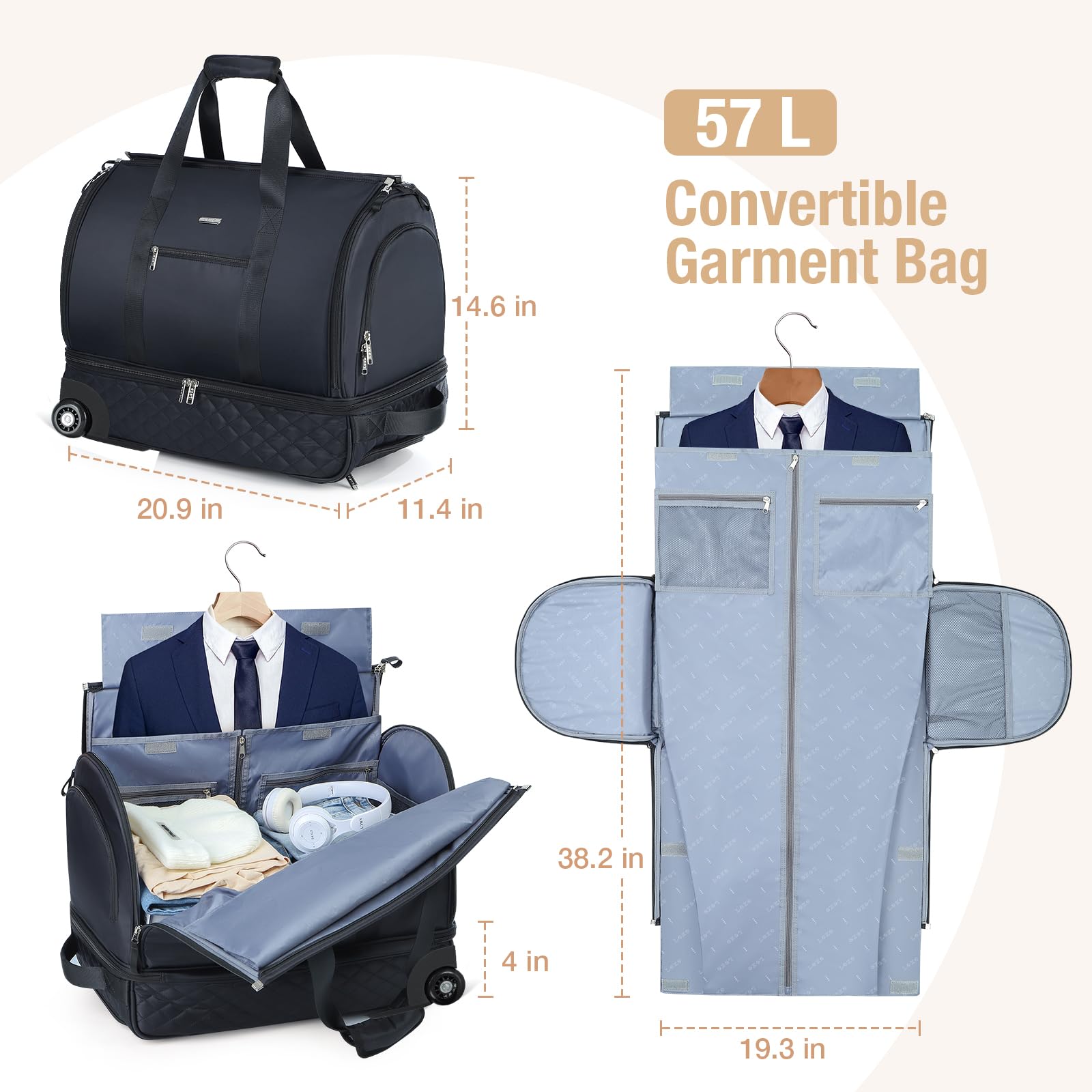 Rolling Garment Bag for Travel - Convertible Duffel Bag with Wheels & Shoe Compartment | Carry-On Suitcase Luggage with Trolley Handle | Perfect for Business Trips, Weddings & Weekend Getaways | Airplane & Train Travel Essentials