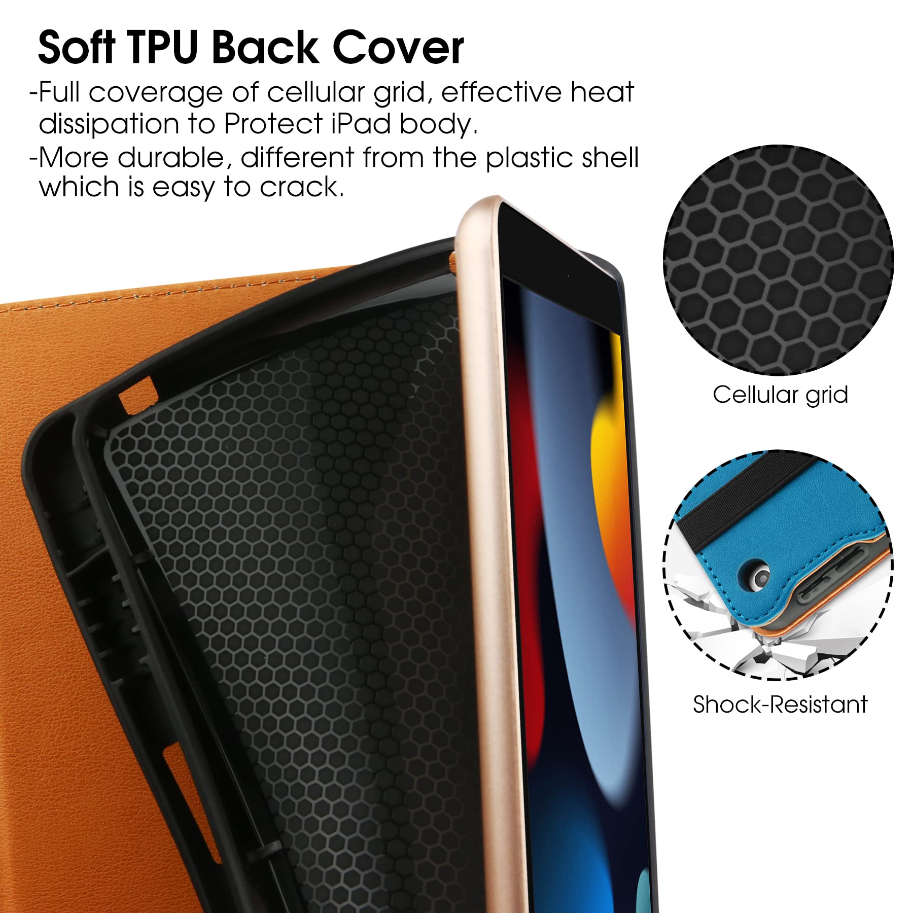 Premium iPad 9th/8th/7th Generation Case (2021/2020/2019) - 10.2 Inch Protective Cover with Built-in Apple Pencil Holder, Multi-Angle Folio Stand & Auto Sleep/Wake Function - Perfect for Work, School & Travel - Blue/Brown