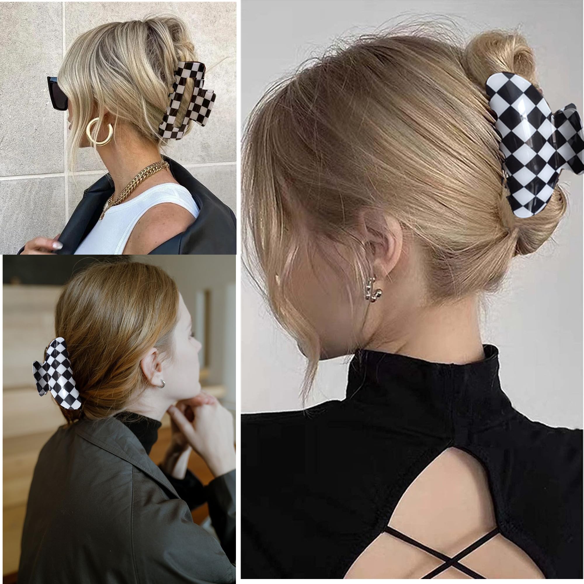 Women's Large Checkered Hair Clips - 2 Pack Black & White Claw Jaw Clips for Women & Girls - Perfect for School, Work, and Everyday Hairstyles