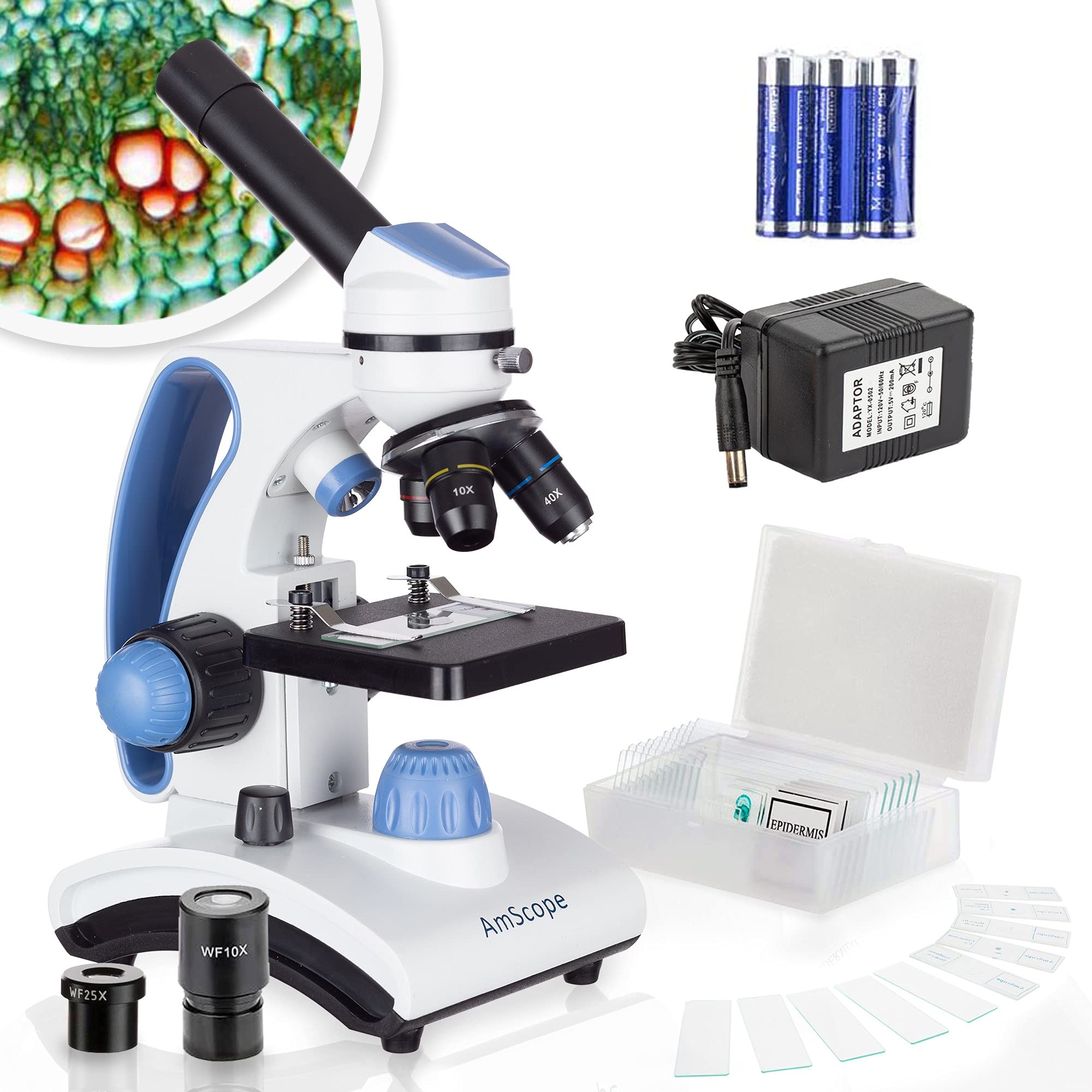 AmScope M162C-2L-PB10-WM 40X-1000X Dual LED Illumination Student Microscope Kit with Slides & Guide Book - Perfect for Kids Science Experiments, Biology Lab & Homeschool Learning - All Metal Construction in Blue