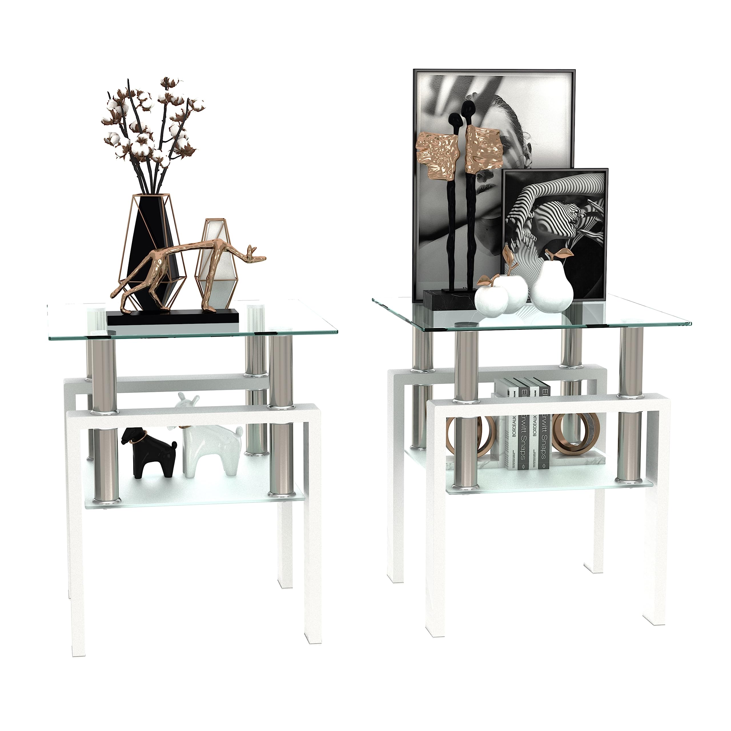 3-Piece Glass Coffee Table Set with Tempered Glass Top & Metal Frame - Modern Living Room Tables for Small Spaces, Apartments - White - Perfect for Lounge, TV Room & Home Decor