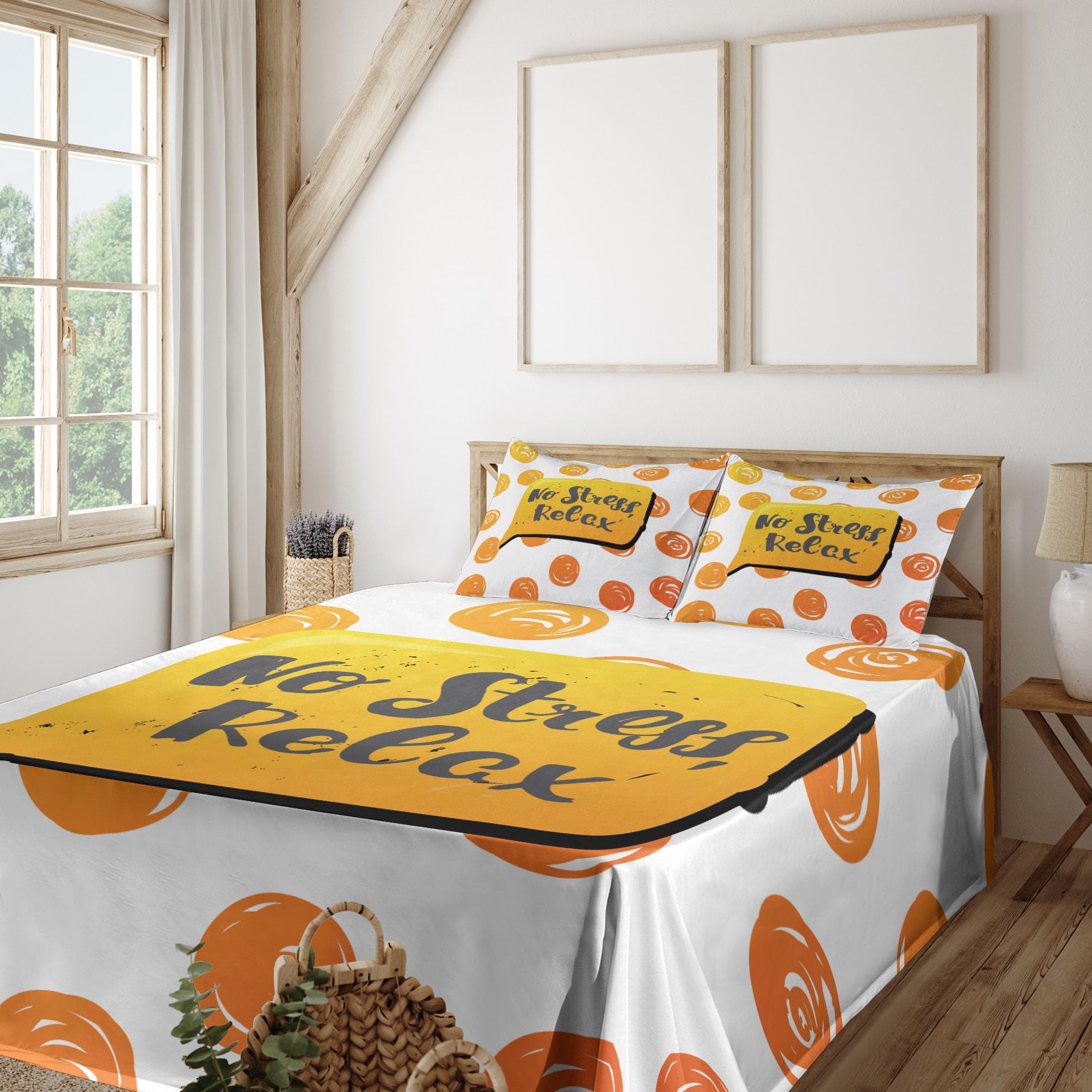 Ambesonne No Stress Relax Phrase Bed Sheet Set - 4 Piece King Size with Fitted Sheet, Flat Sheet & Pillowcases - Vibrant Earth Yellow Orange Speech Bubble Design - Perfect for Stress Relief, Home Decor & Cozy Bedroom Retreat