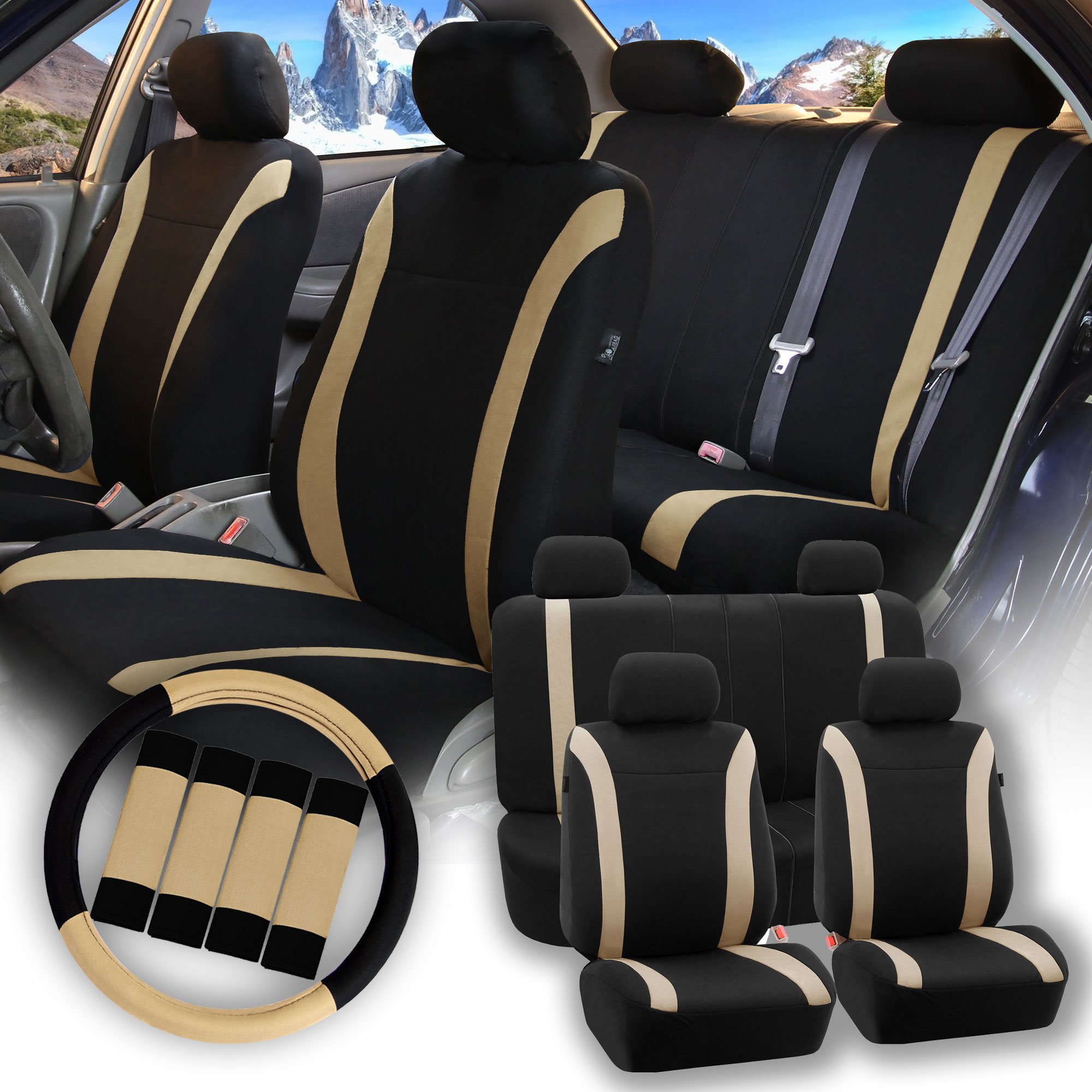 Premium FH Group Cosmopolitan Flat Cloth Full Set Car Seat Covers - Universal Fit for Cars, Trucks & Vans | Beige Combo with Steering Wheel Cover & Seat Belt Pads | Airbag Compatible & Split Rear Design | Perfect for Daily Commute, Road Trips & Vehicle Protection