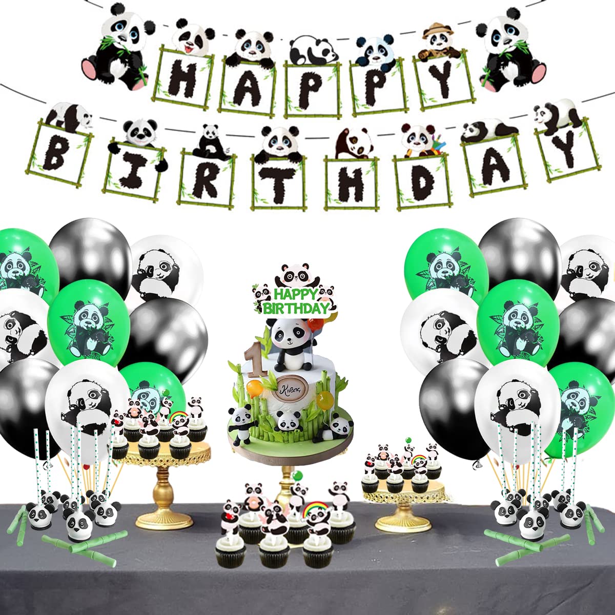 Panda Birthday Party Decorations Set - Happy Birthday Banner, Balloons & Cake Toppers for Panda Themed Party | Perfect for Kids Birthday, Baby Shower & Animal Theme Celebrations