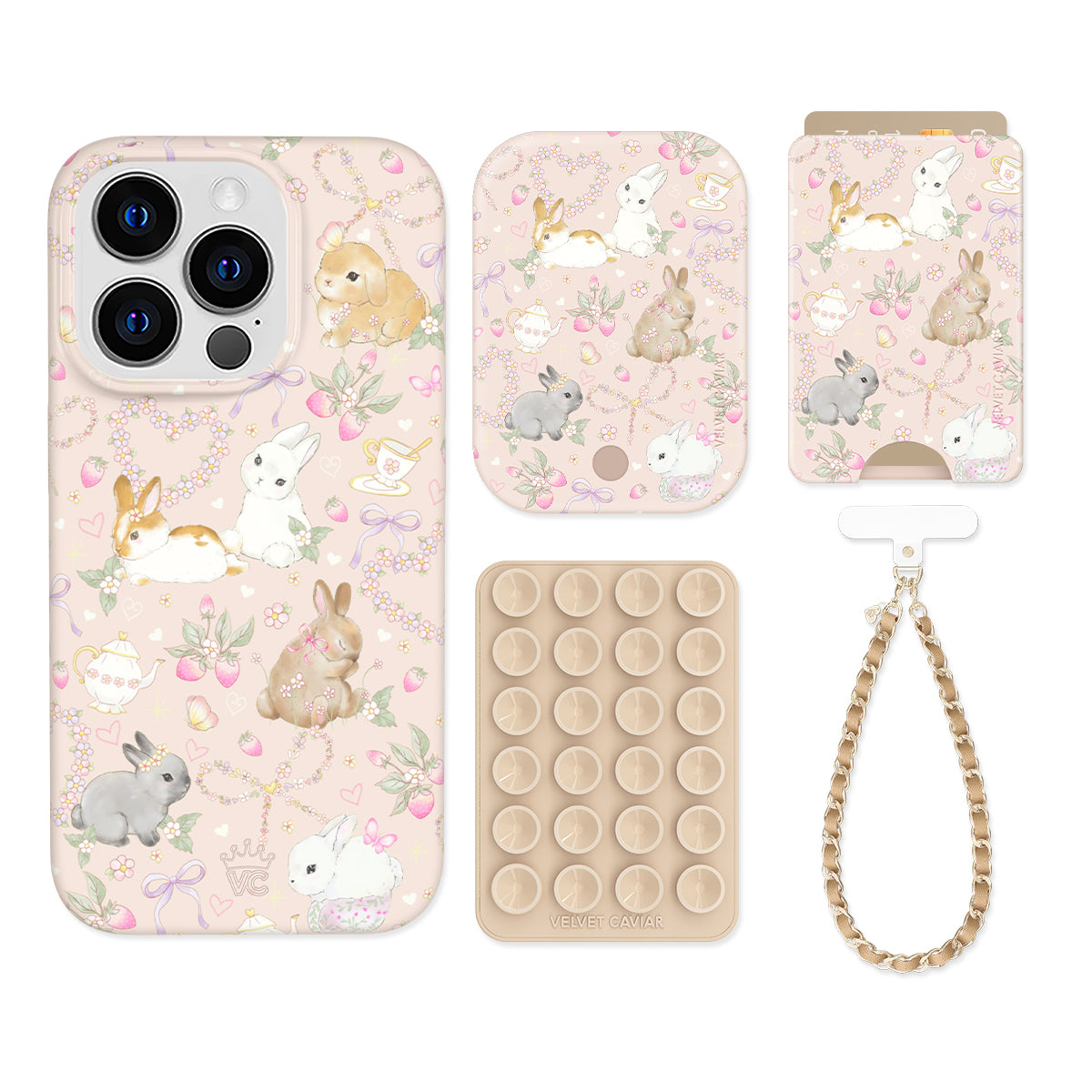 Bunnies & Bows iPhone Wallet Case Set - Cute Bunny Design with Bow for iPhone 13/14/15 - Perfect for Everyday Use, Travel, and Gift Giving