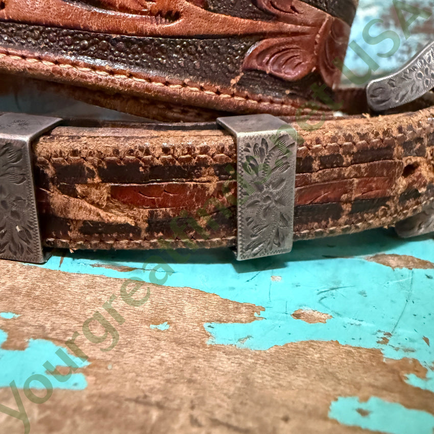 Vintage 4-Piece Sterling Silver McCabe Ranger Buckle Set on Stelzig Saddlery Belt - Western Style Accessory for Cowboy Boots, Jeans & Rodeo Outfits