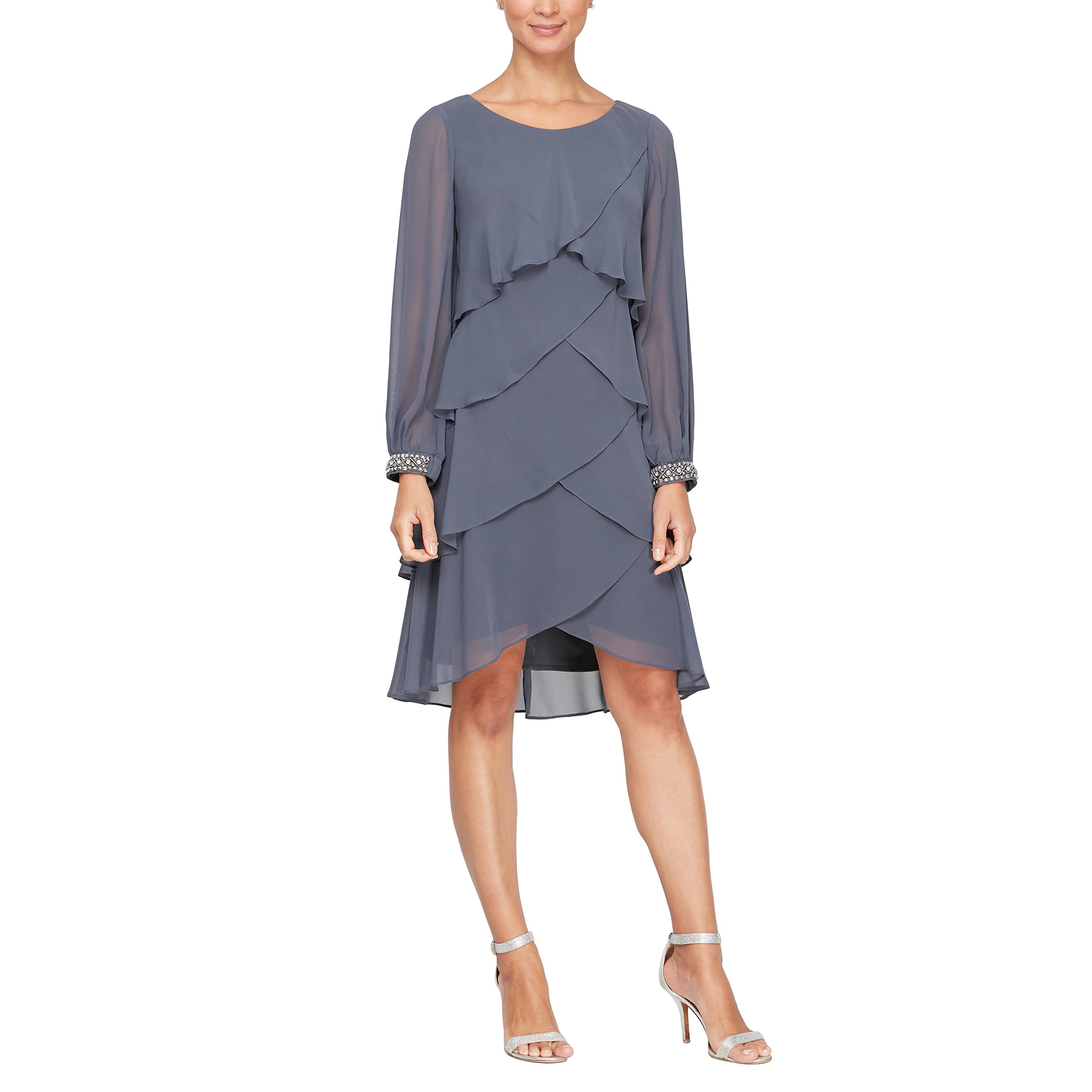 Elegant Long Sleeve Chiffon Cocktail Dress for Women - Wedding Guest & Mother of Bride Outfit (Petite/Regular Sizes) | Perfect for Formal Events, Parties & Special Occasions