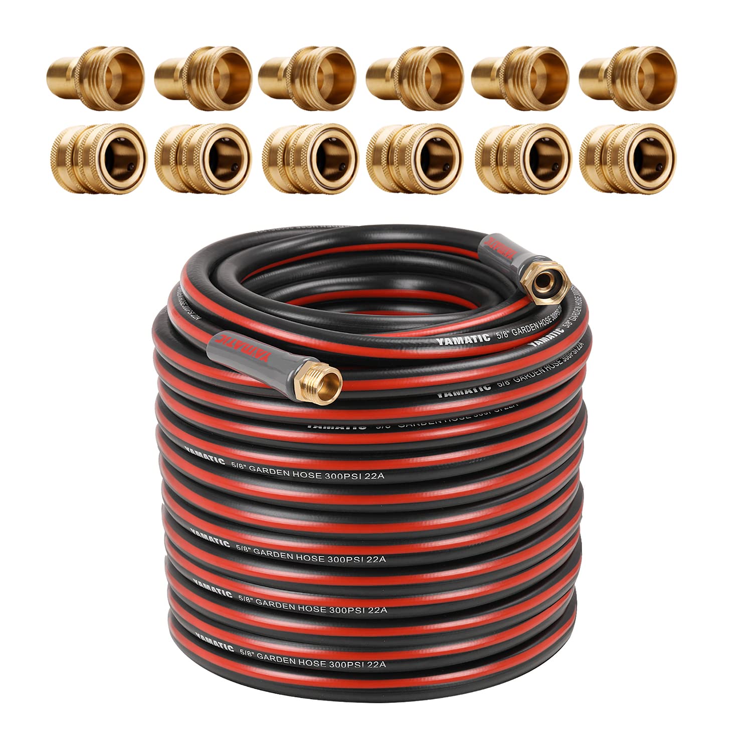 YAMATIC 5/8 Inch x 100 Feet Heavy Duty Garden Hose with Solid Brass Quick Connect Set - Perfect for Watering Lawns, Washing Cars & Outdoor Cleaning