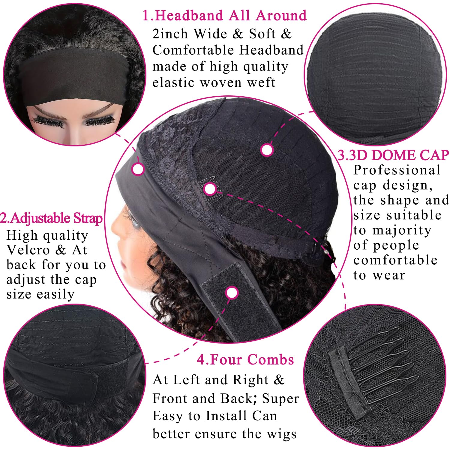 20 Inch Deep Wave Human Hair Headband Wig - Glueless Curly Hair Wig with No Lace Front | Natural Black Women's Human Hair Wig for Everyday Wear & Special Occasions