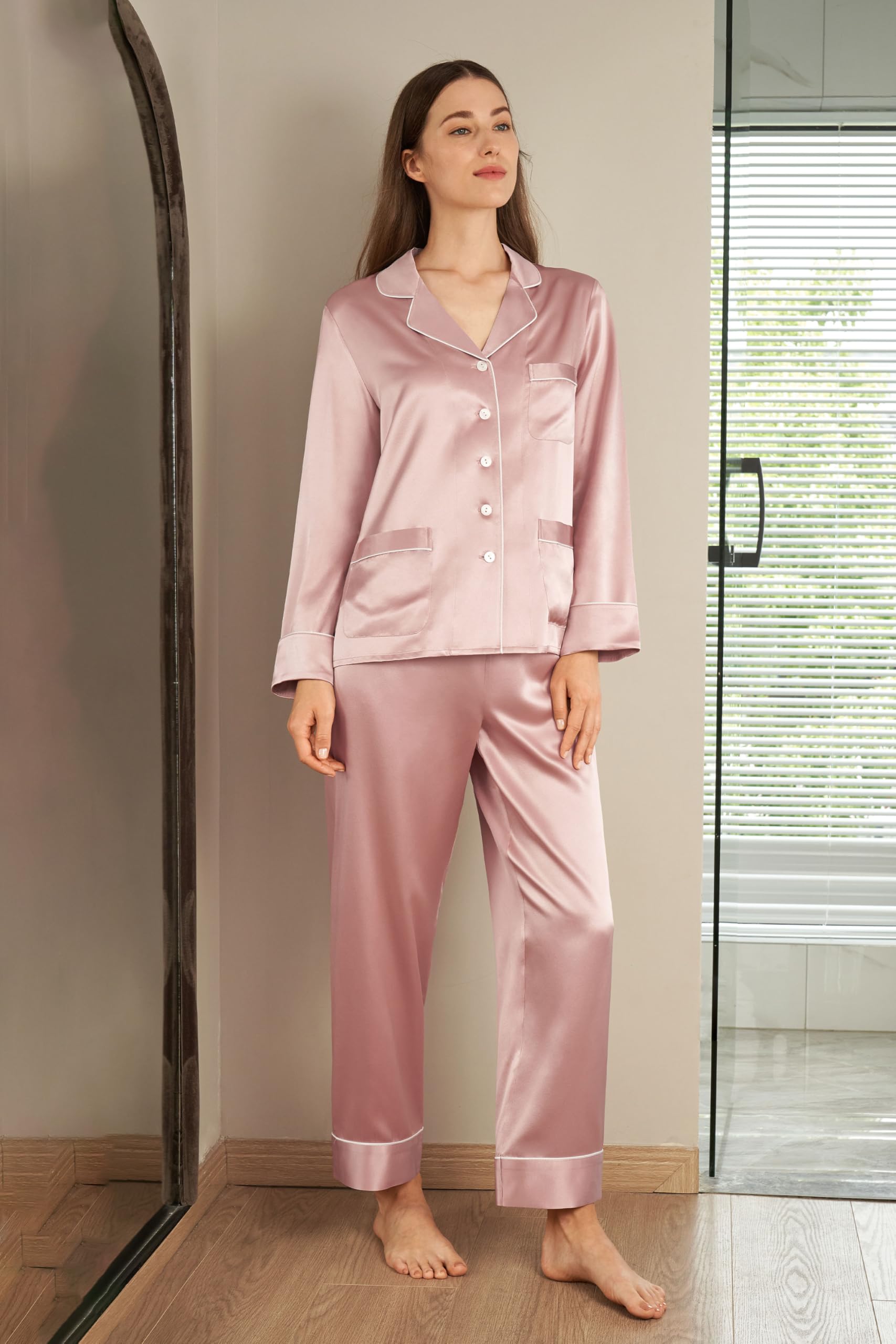 LilySilk Women's Long Silk Pajama Set - V-Neck Notched Collar with White Trim - Luxurious 100% Mulberry Silk Sleepwear for Comfortable Nights & Relaxing Evenings