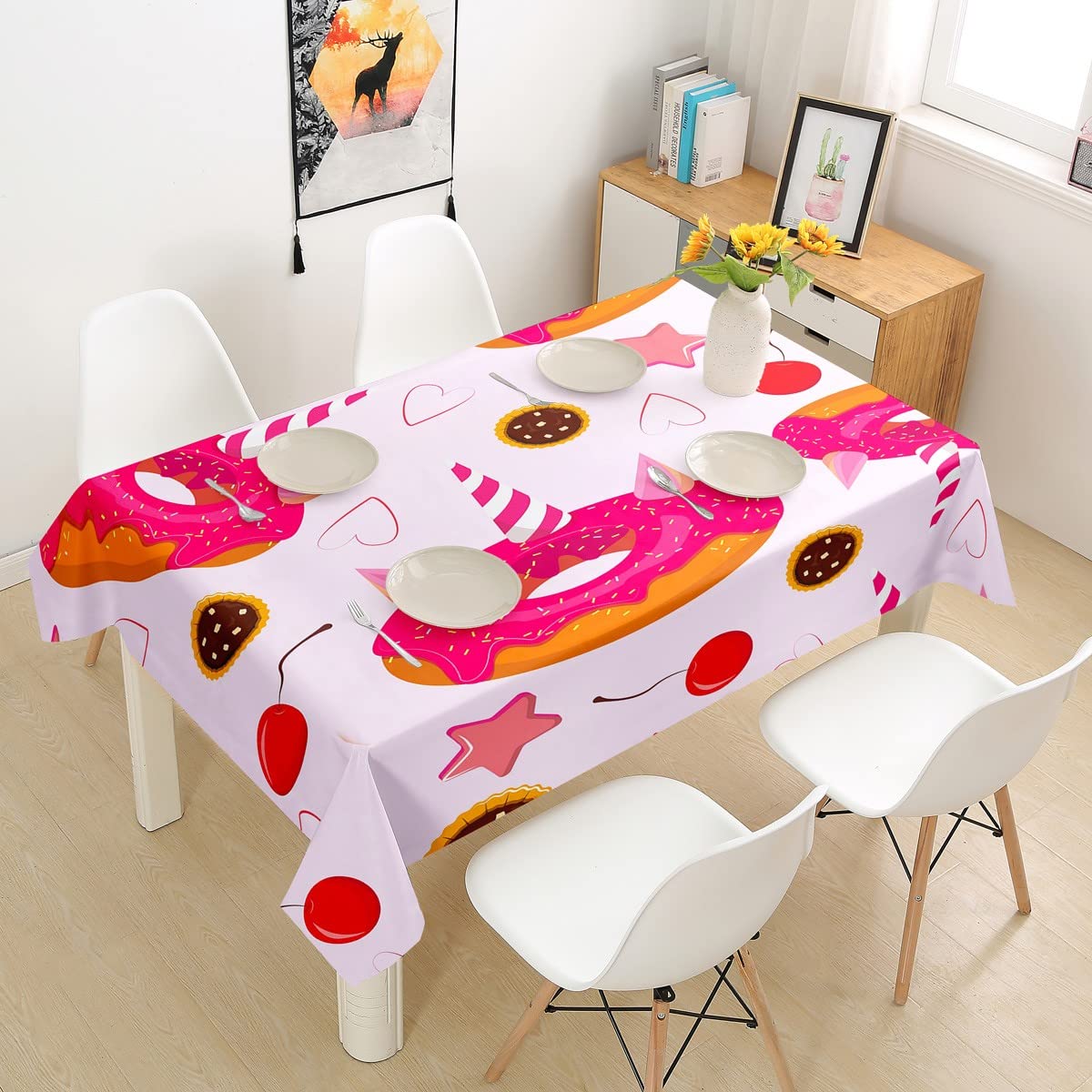 Donuts Tablecloth - Pink Heart Cherry Print Round Table Cover for Kids, Teens & Girls - Romantic Dining Room & Kitchen Decor - Perfect for Birthday Parties, Tea Time & Home Decor (55 Inches Round)