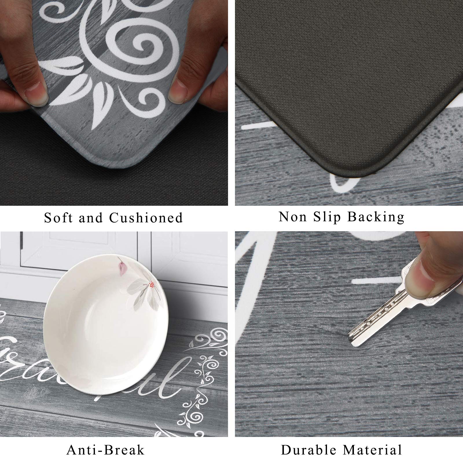 HEBE Anti-Fatigue Kitchen Mat Set of 2 - Non-Slip Cushioned Floor Mats for Standing, Waterproof Farmhouse Style - Perfect for Kitchen Sink, Office Desk & Laundry Room - Comfortable Standing Solution for Home & Workspaces