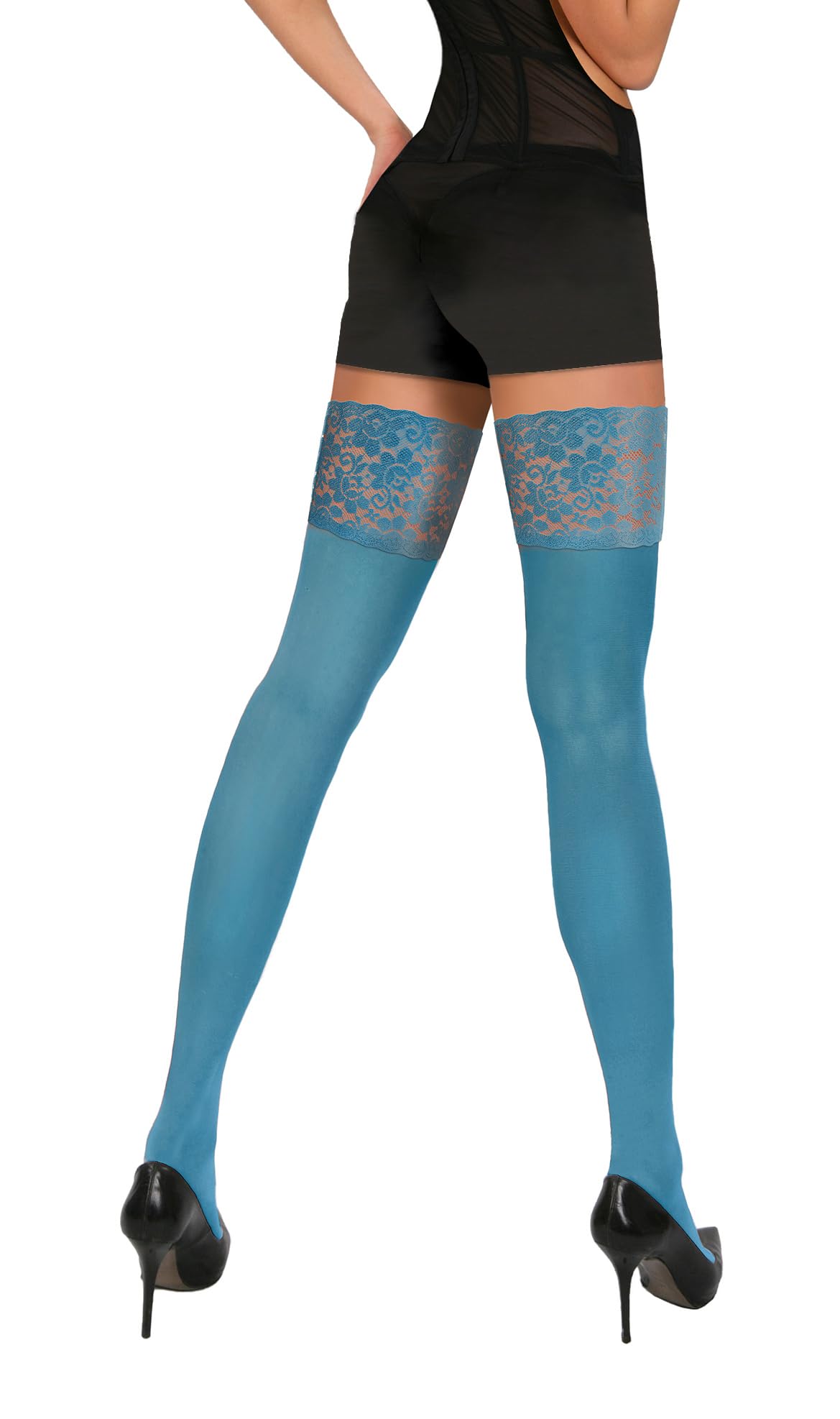 Sesto Senso Women's 50 Denier Opaque Hold Up Stockings - Microfiber Thigh Highs with Sexy Lace Top | Perfect for Date Night, Office Wear & Special Occasions