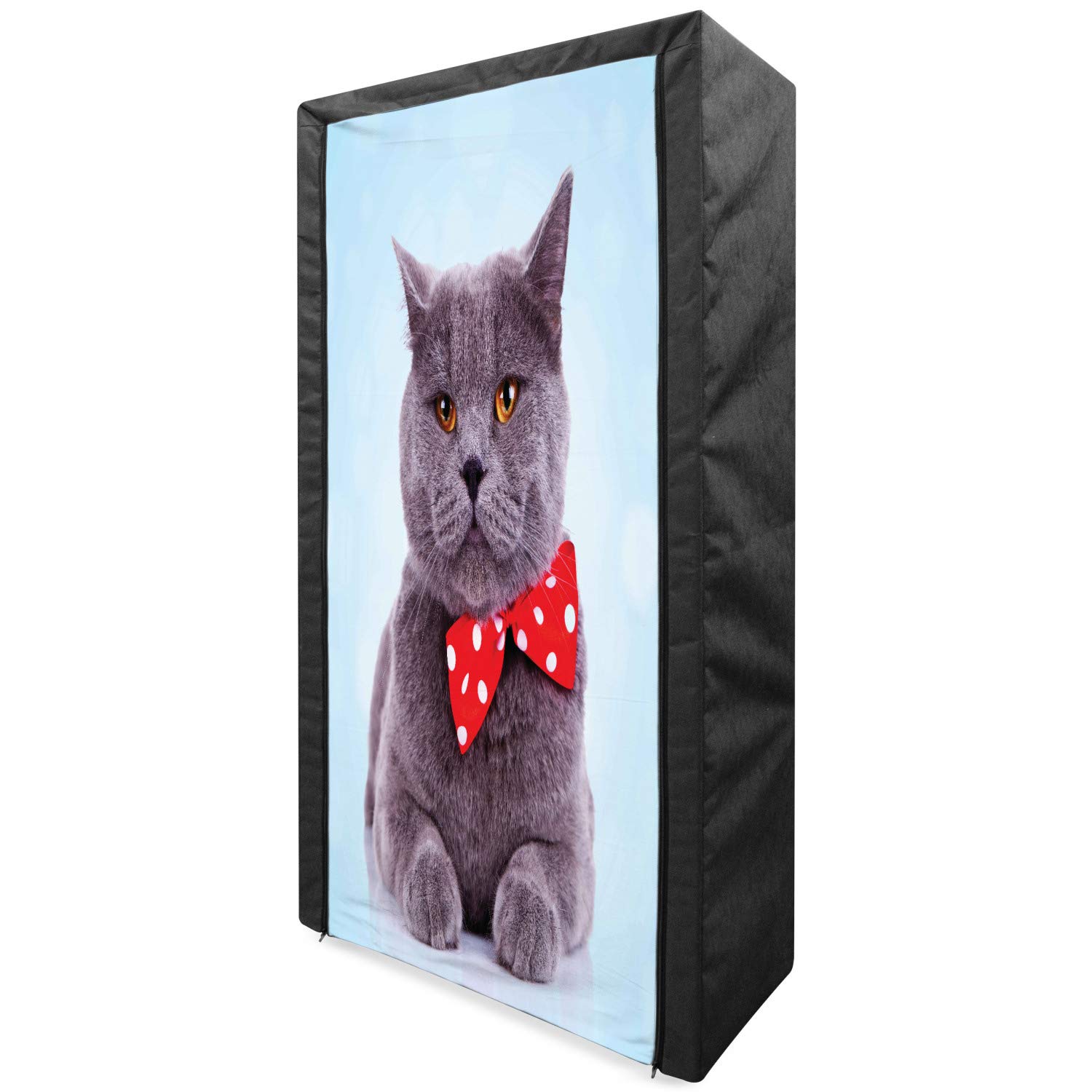 Ambesonne Cat Portable Fabric Wardrobe - 33.5 Inch Clothing Organizer with Shelves | Tuxedo Grey Scottish Fold Design with White Polka Dots & Bow Tie | Funny Cat Illustration Storage Closet in Pale Blue Purpleblue | Perfect for Bedroom, Closet & Dorm Organization