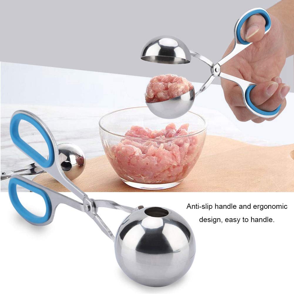 Non-Stick Stainless Steel Meatball Scoop & Ice Tongs - Rice Ball Maker, Cookie Scoop with Anti-Slip Rubber Handle (Blue) - Perfect for Cooking, Baking, and Ice Serving