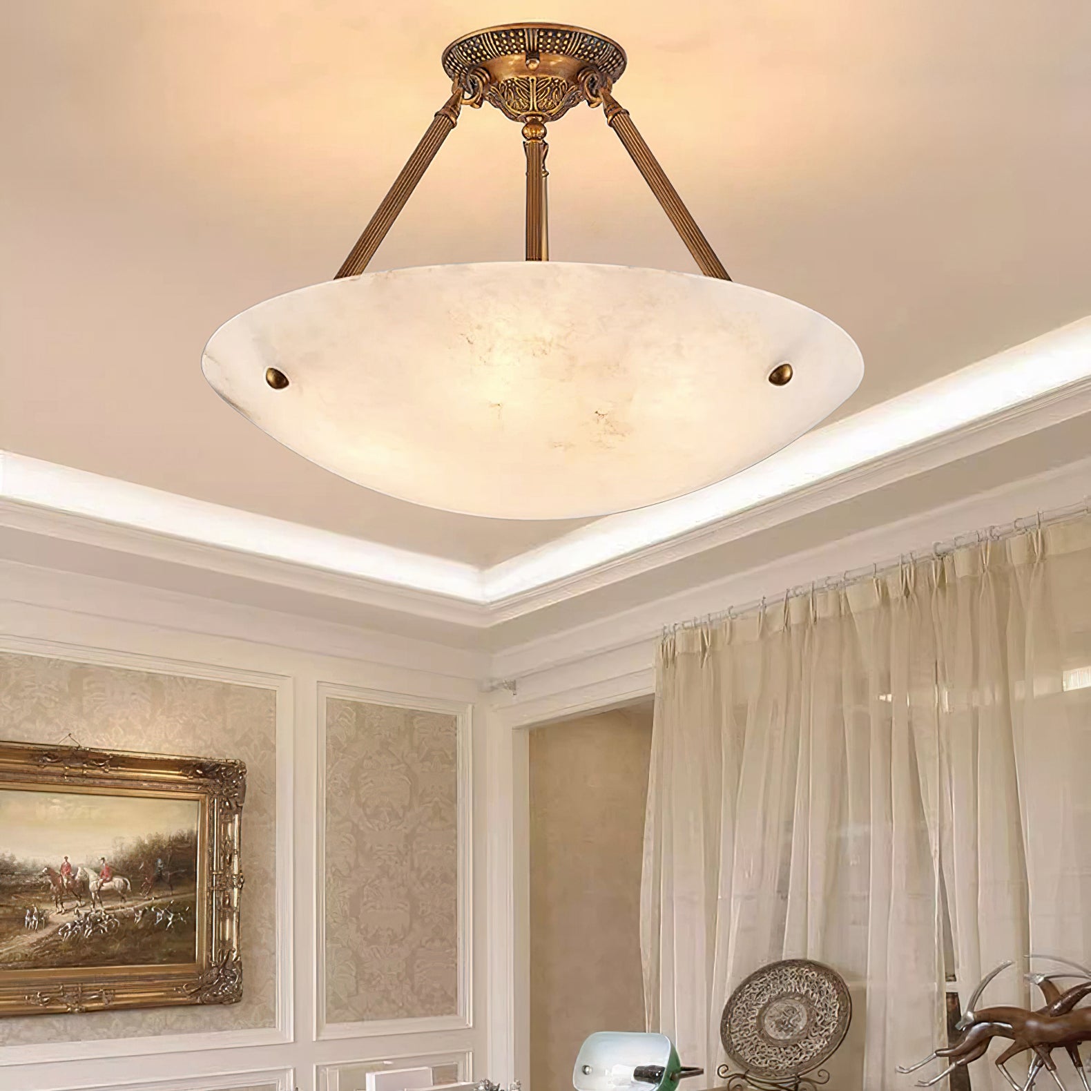 Alabaster Bowl Ceiling Light Fixture - Modern Handcrafted Stone Pendant Lamp for Dining Room, Living Room & Bedroom Lighting