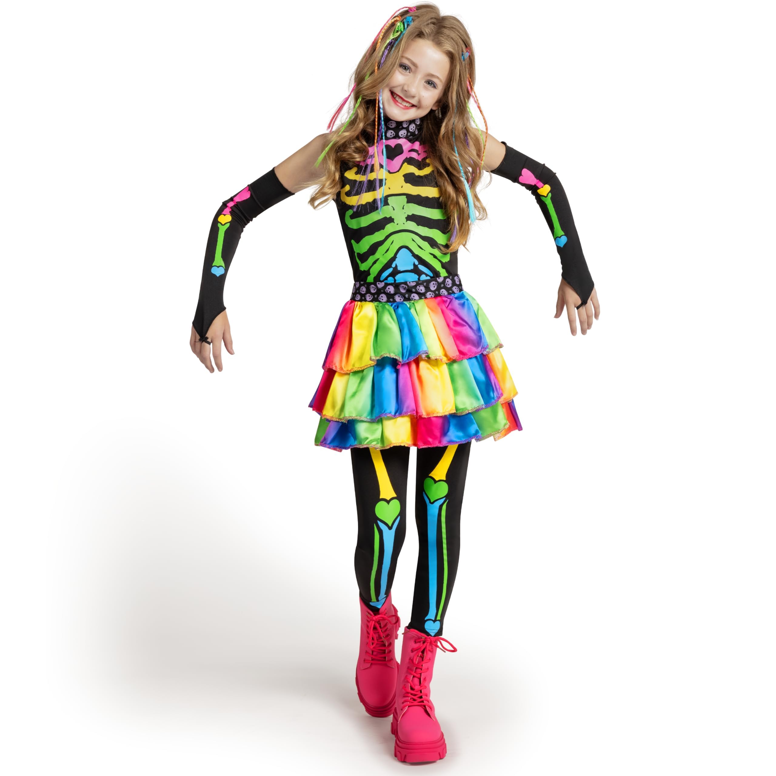 Funky Punky Bones Deluxe Halloween Costume Set for Girls - Colorful Skeleton Outfit with Hair Extensions | Spooky Party, Trick or Treat & Cosplay Costume