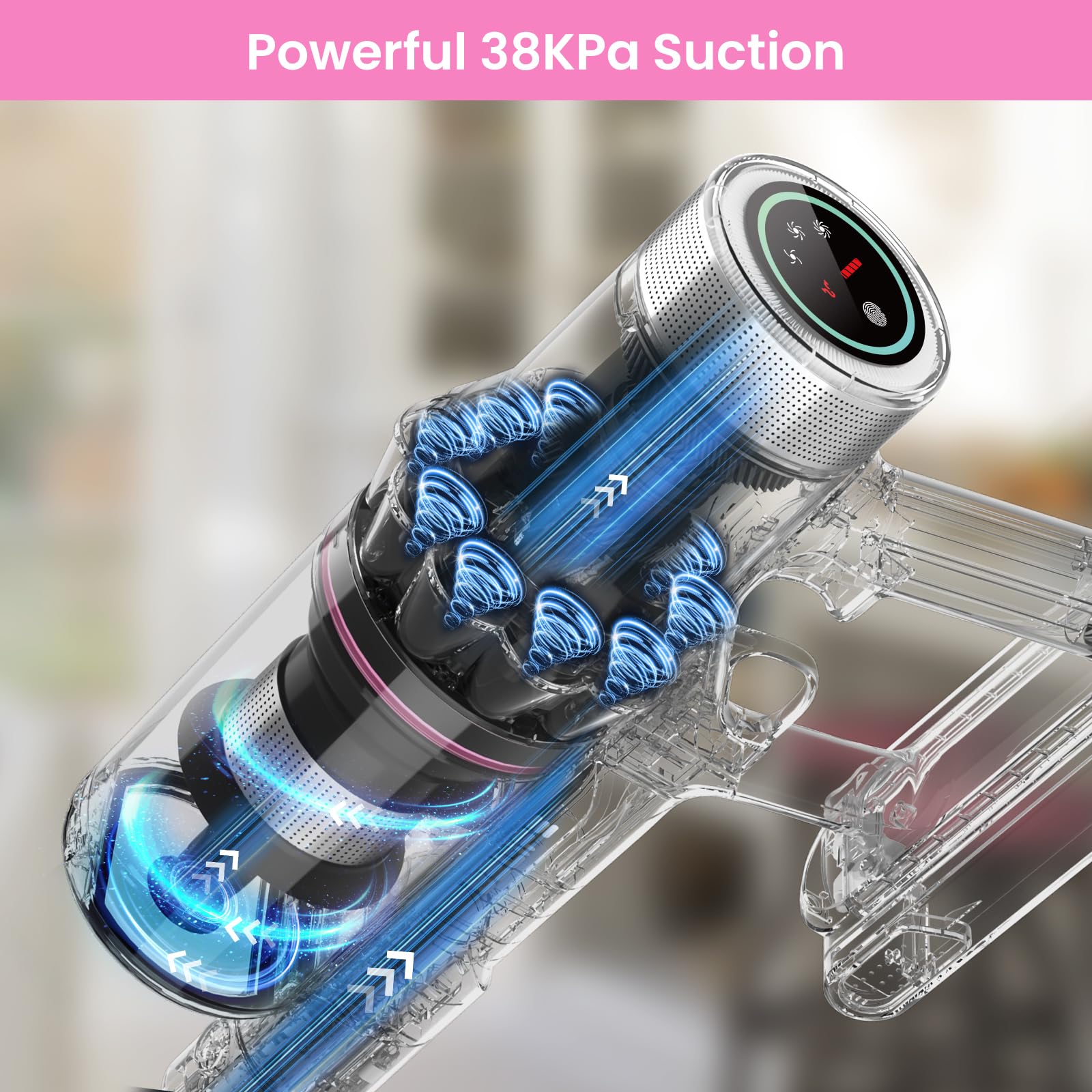 Belife 38KPa 450W Cordless Stick Vacuum Cleaner for Home, Carpet & Hardwood Floors - Wireless Rechargeable Vacuum for Pet Hair with LED Touch Display, 45 Mins Runtime - Lightweight & Powerful (Pink) | Perfect for Quick Cleanups, Pet Owners & Multi-Surface Homes