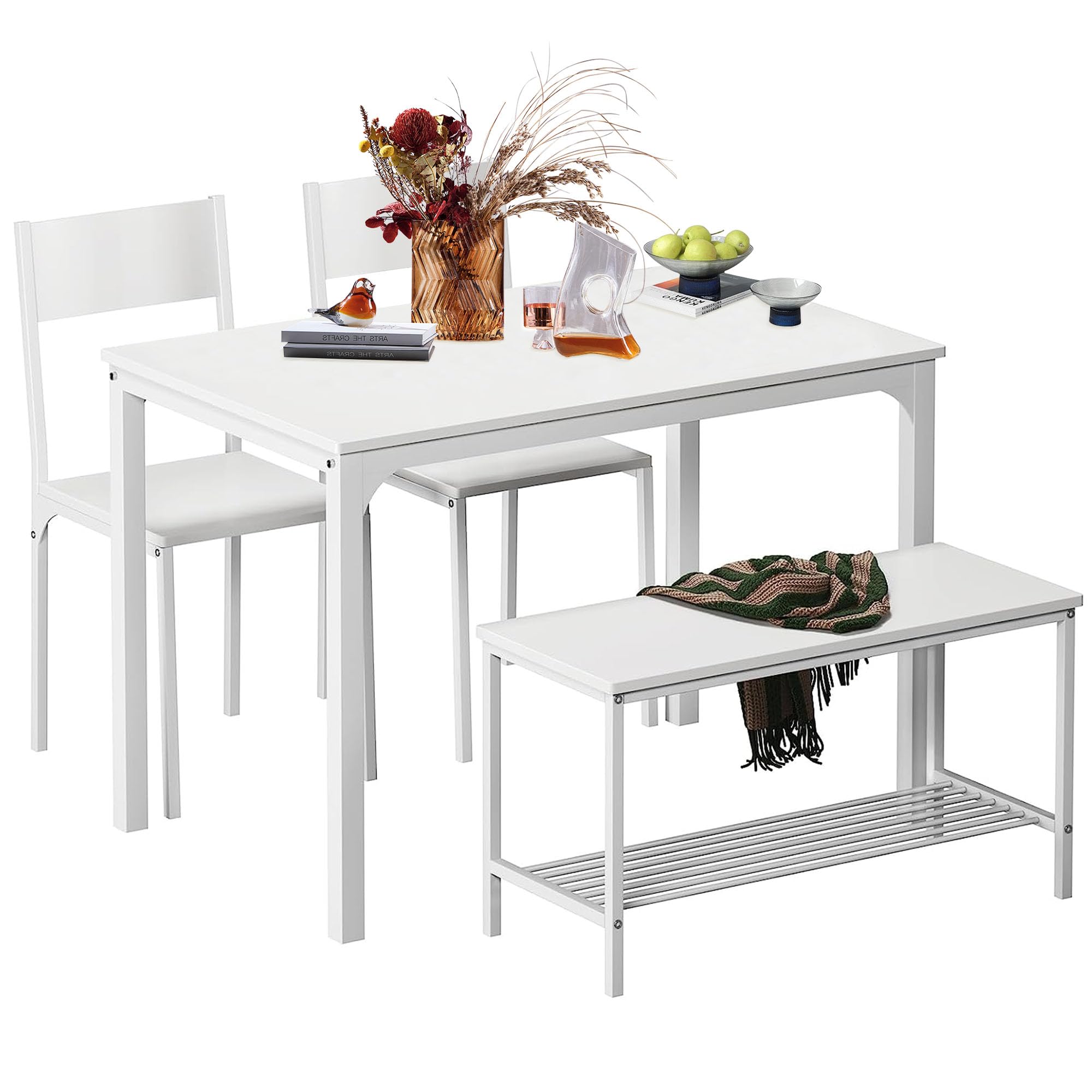 SogesFurniture 4-Piece White Dining Table Set with Table, 2 Chairs & Bench - 44 Inch Kitchen Dinette Set for Small Spaces | Perfect for Breakfast Nook, Apartment Kitchen or Cozy Dining Area