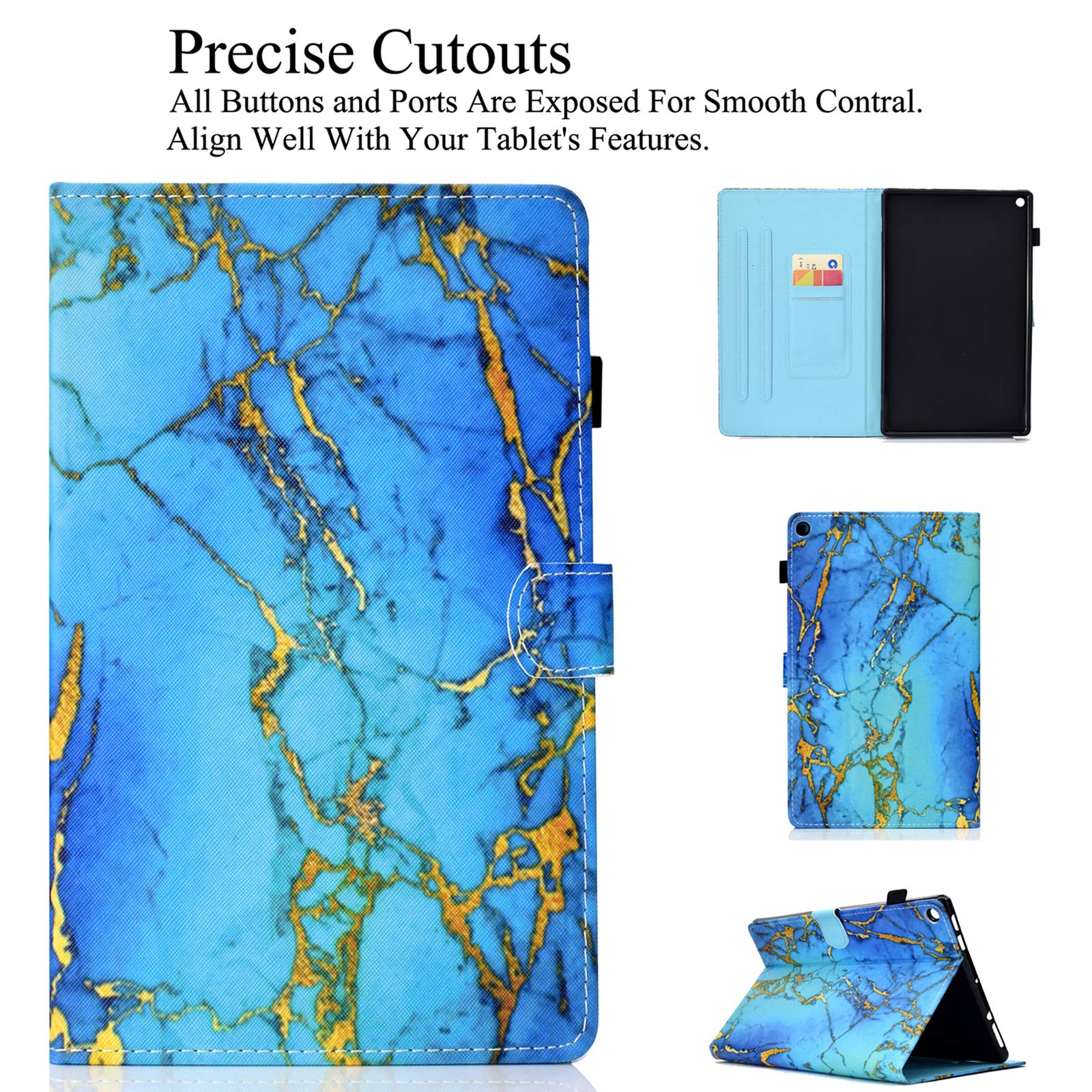 Premium PU Leather Case for Kindle Fire HD 10 (9th/7th/5th Gen 2019/2017/2015) - Auto Wake/Sleep Smart Cover with Card Slot & Stand - Blue Marble Design - Perfect for Reading, Traveling and Office Use