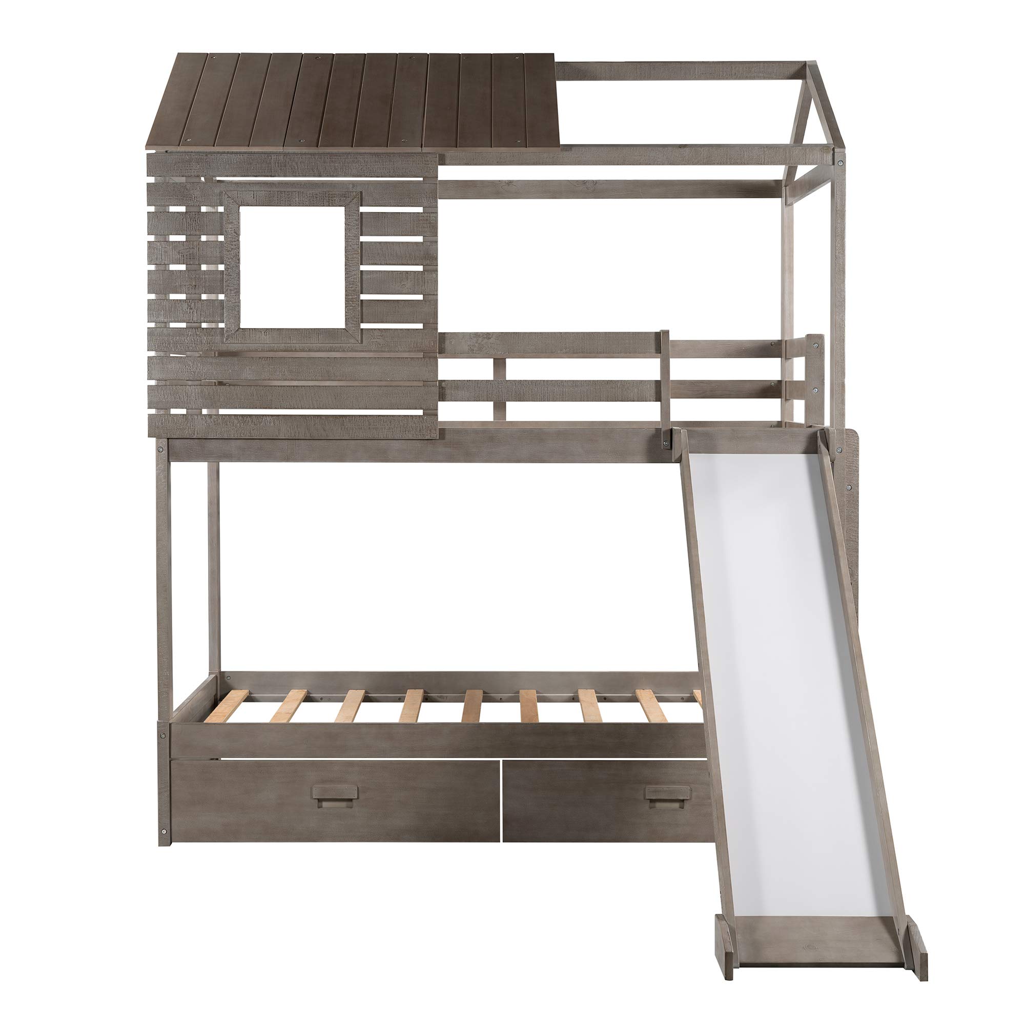 Bidook Twin Over Twin Bunk Bed with Storage Drawers & Slide - House-Shaped Wooden Bunk Bed in Antique Gray - Perfect for Kids' Bedrooms, Guest Rooms & Space-Saving Solutions