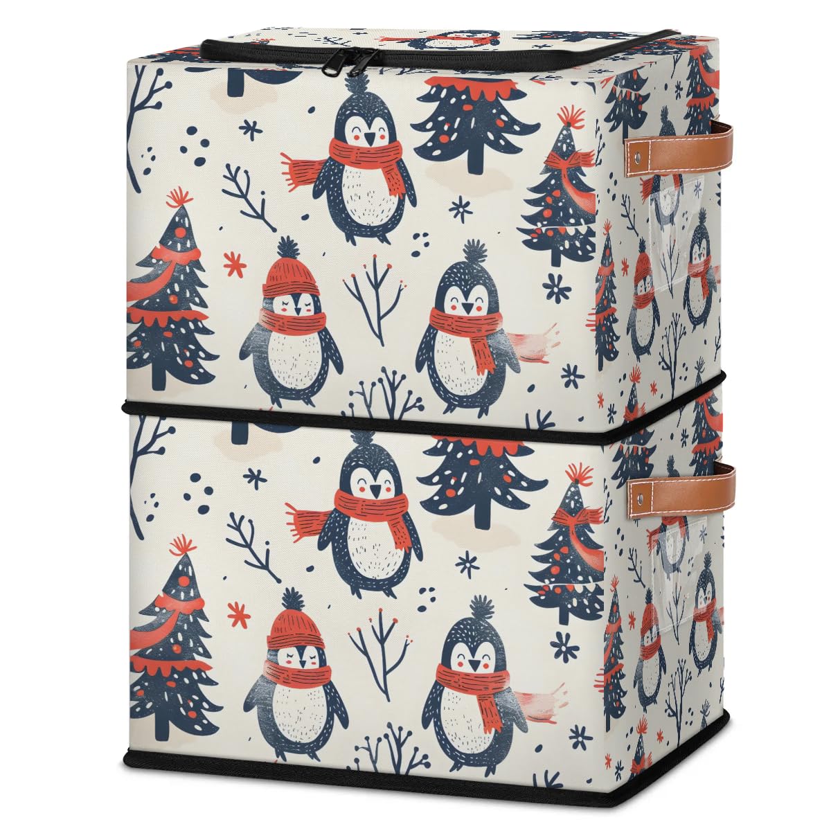 Winter Penguin Snow Storage Bins with Zipper Lid - 2pcs Stackable Storage Baskets with Metal Frame & PU Handles - Closet Organizer Cube for Clothes, Toys & Seasonal Items - Perfect for Bedroom, Nursery & Dorm Storage Solutions