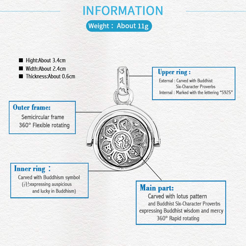LOVECOM 925 Sterling Silver Rotating Charm Pendant Necklace - Buddhist Wisdom & Mercy Jewelry for Women, Mothers, Grandmas - Perfect Spiritual Gift for Mother's Day, Birthday, Father's Day | Ideal for Meditation, Prayer & Daily Wear