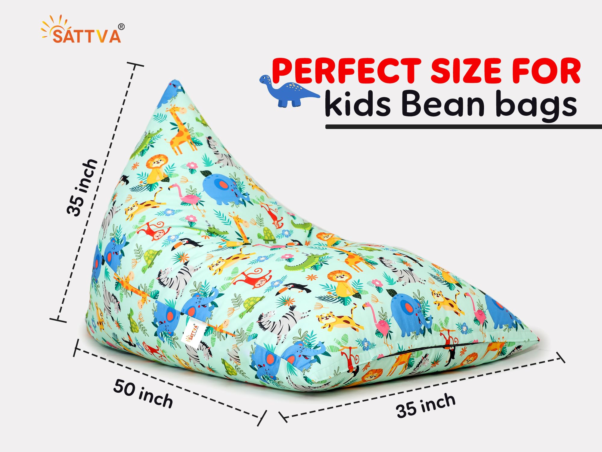 SATTVA Kids Triangle Canvas Bean Bag Cover - No Filling, Ultra Soft Zippered Stuffed Animal & Toy Storage Organizer for Teens & Adults (Animal Print) - Perfect for Playrooms, Dorm Rooms & Cozy Reading Nooks