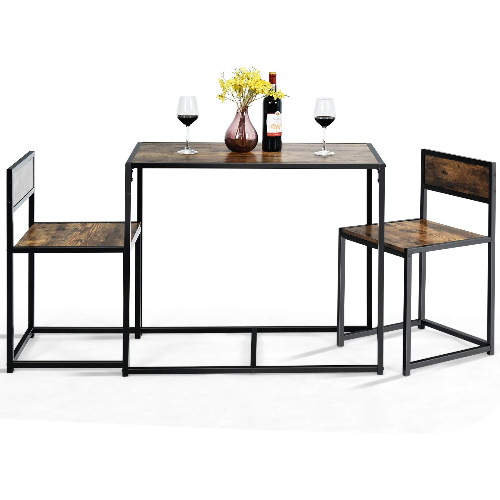 Giantex 3-Piece Industrial Dining Set - Small Kitchen Table with 2 Metal Chairs, Compact Bistro Pub Breakfast Table for Apartments & Small Spaces (Antique Finish) - Perfect for Studio Apartments, Tiny Homes & Cozy Breakfast Nooks