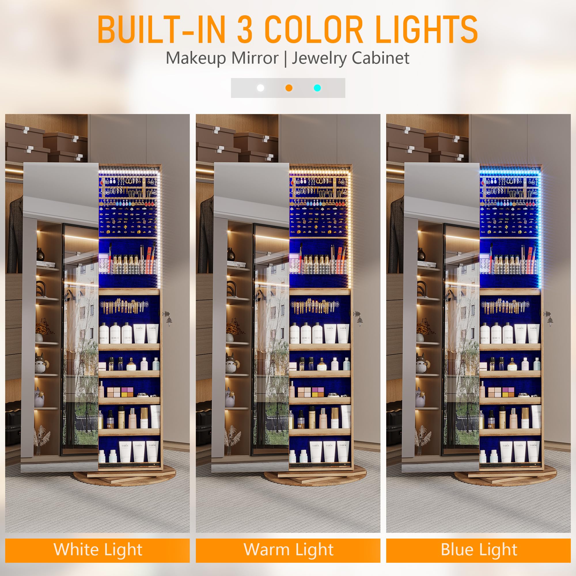 360° Swivel Jewelry Mirror Cabinet with LED Lights - 63