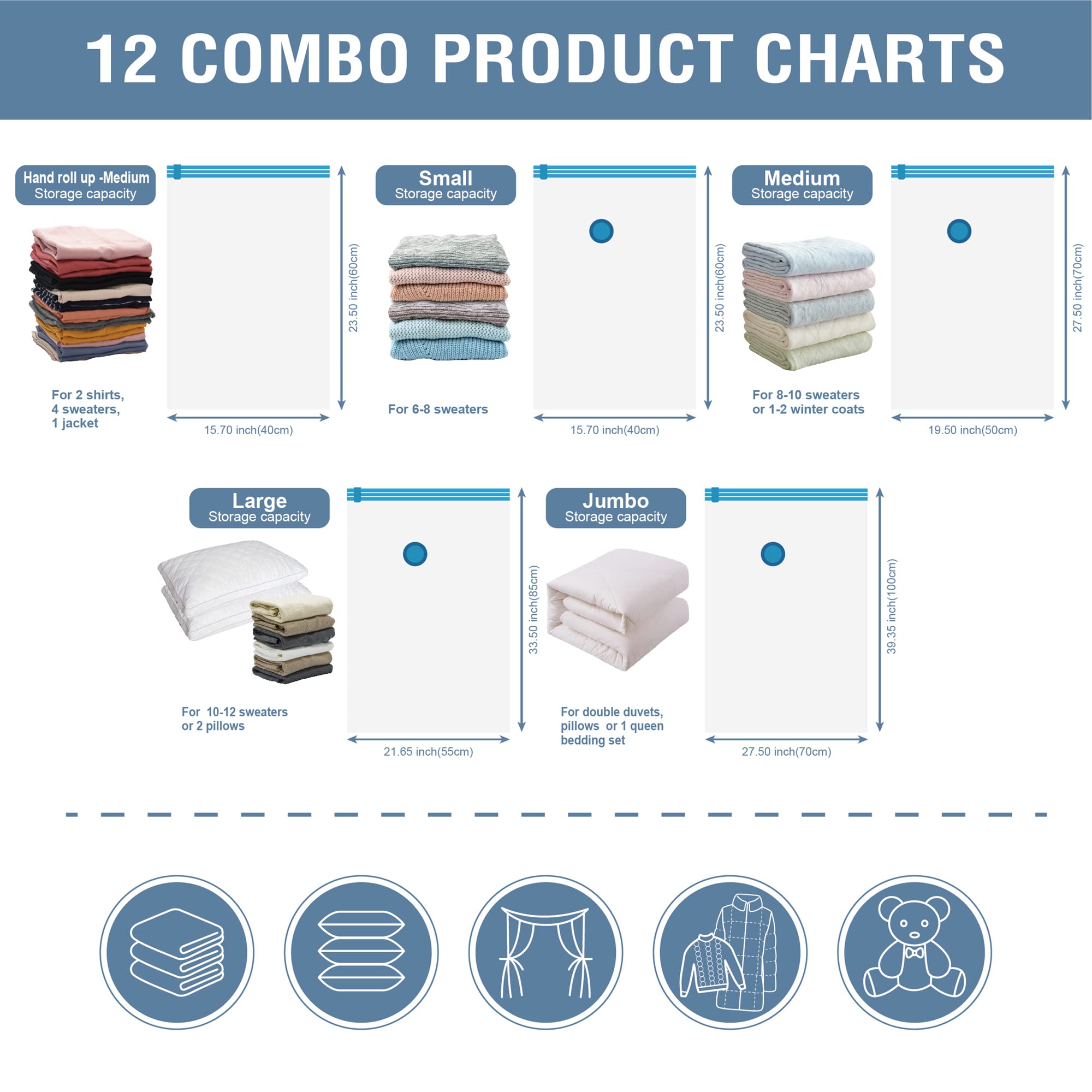 12 Pack Vacuum Storage Bags (2 Jumbo/2 Large/2 Medium/2 Small/4 Roll) - Space Saving Compression Bags for Clothes, Comforters & Blankets - Includes Hand Pump - Perfect for Travel, Seasonal Storage & Home Organization