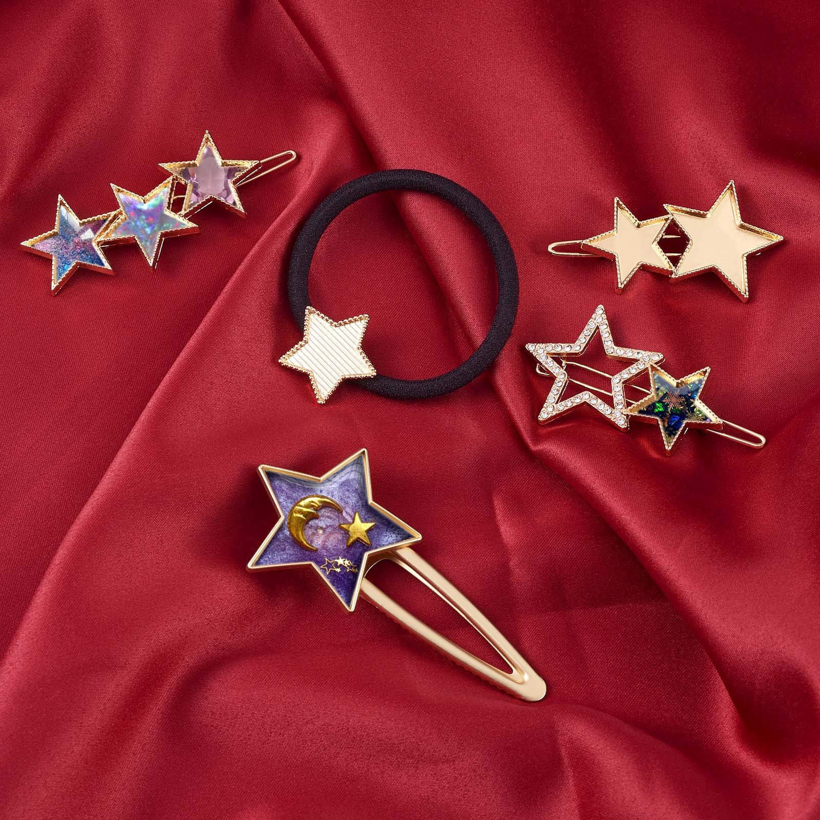5Pcs Alloy Star Alligator Hair Clips - Metal Gold Hair Barrettes with Hair Ties for DIY Hair Accessories - Perfect for Women, Girls, Bridal, Party & Everyday Hairstyles