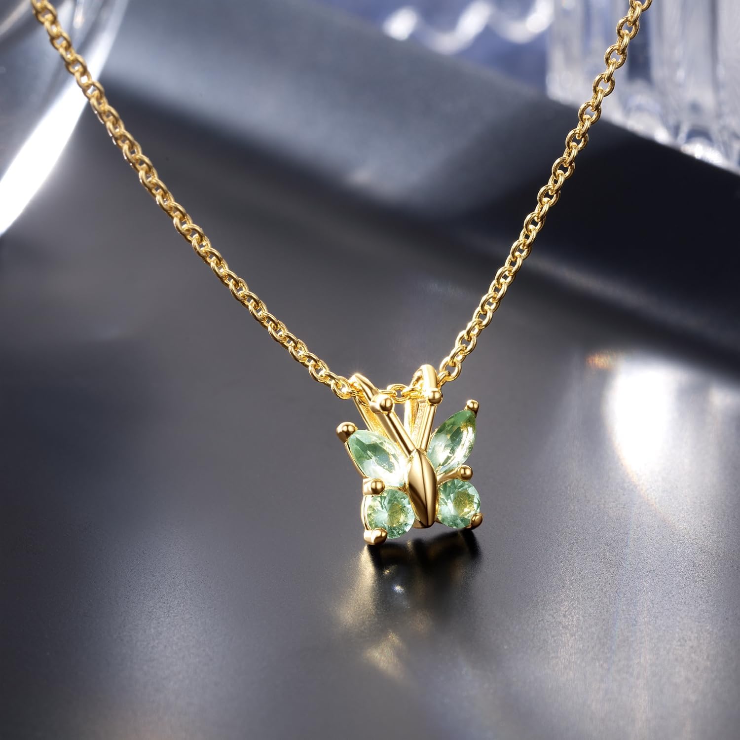14K Gold Butterfly Pendant Necklace for Women - Dainty Lightweight Diamond Necklace with Light Blue CZ Stones | Trendy Layering Jewelry for Everyday Wear, Gift Giving & Special Occasions
