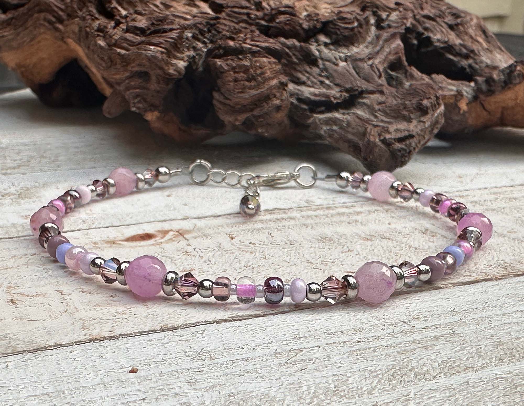 Pink Jade Gemstone Beaded Anklet Bracelet for Women - Elegant Handmade Adjustable Ankle Jewelry for Summer, Beach, Boho Style
