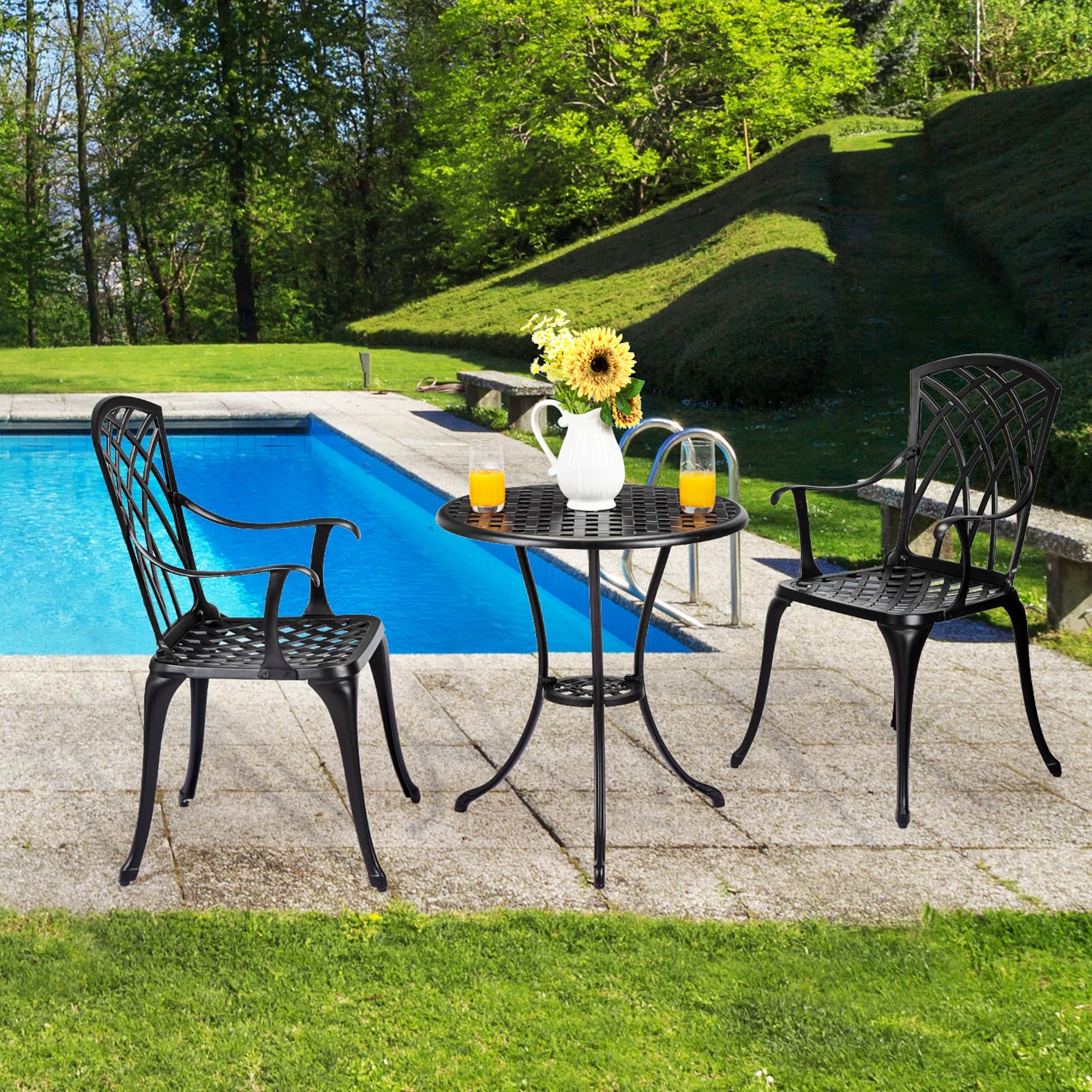 3 Piece Patio Bistro Set - Durable Cast Aluminum Outdoor Dining Set with Umbrella Hole & Adjustable Feet - Black Table and 2 Chairs for Balcony, Backyard, Garden - Perfect for Small Space Entertaining & Relaxing Outdoors