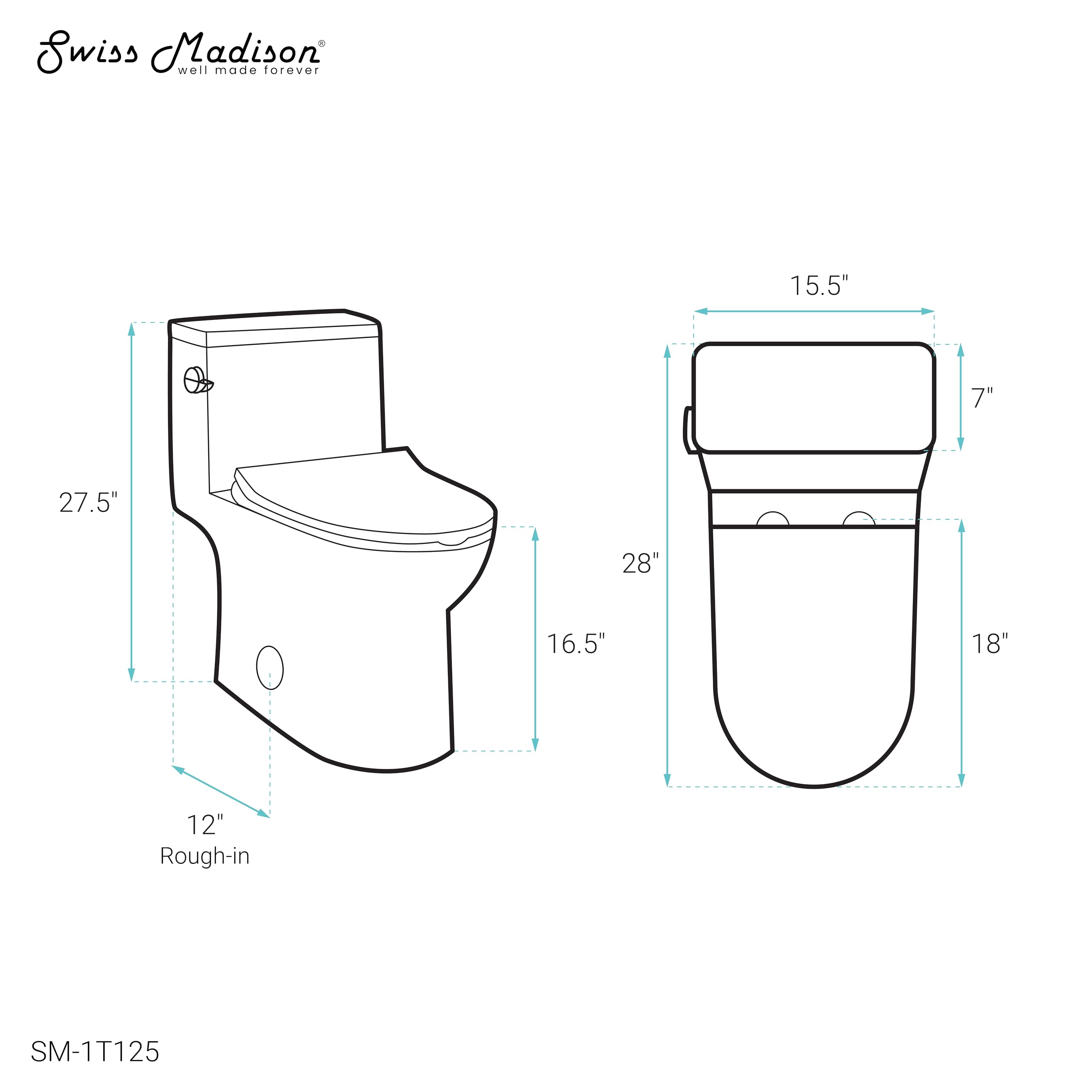 Swiss Madison SM-1T125 Daxton One Piece Elongated Toilet 1.28 GPF - Water Efficient Modern Bathroom Toilet for Home & Commercial Use