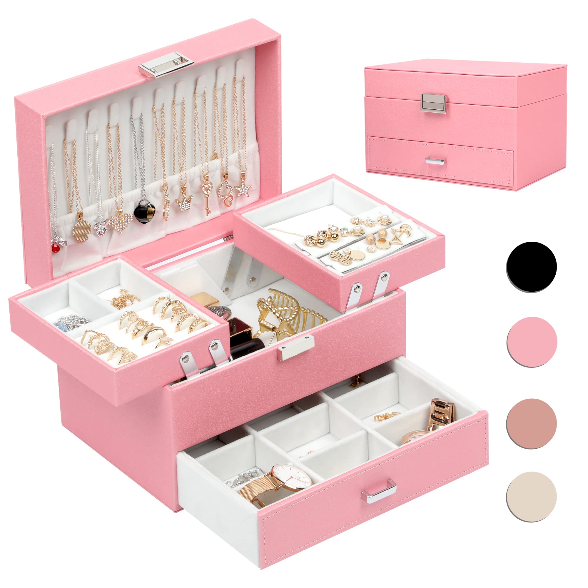 Dajasan Jewelry Box for Women & Girls - 3 Layer PU Leather Jewelry Organizer with Mirror, Gift Box for Christmas, Valentine's Day, Birthday, Mother's Day - Pink | Perfect for Bedroom Dresser, Travel & Jewelry Storage