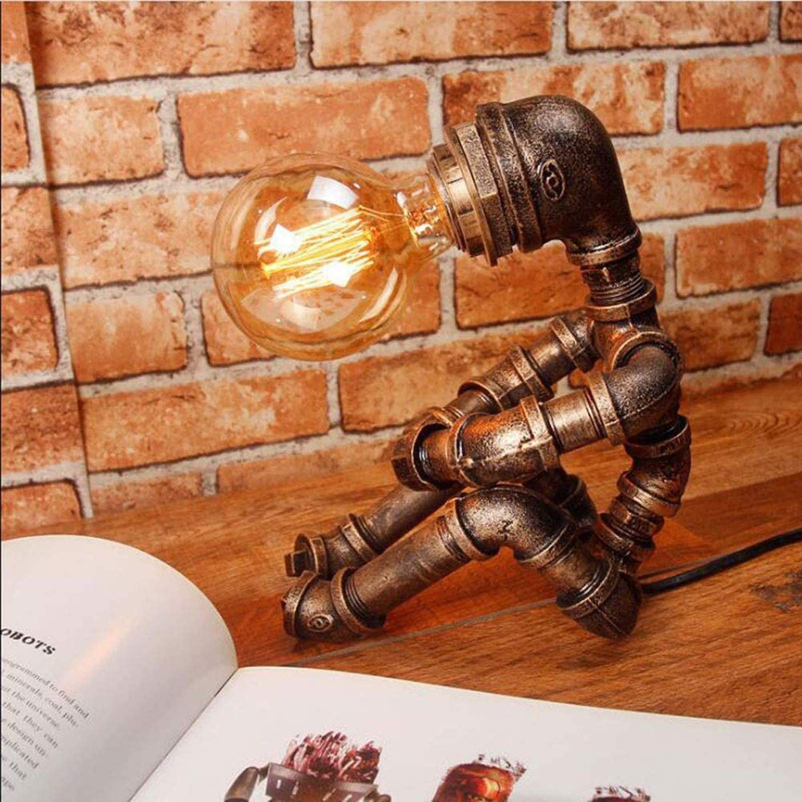 Vintage Industrial Desk Lamp - Retro Robot Night Light for Bedroom, Bar & Restaurant - Creative Water Pipe Design with Button Switch - Perfect for Home Office, Study & Reading