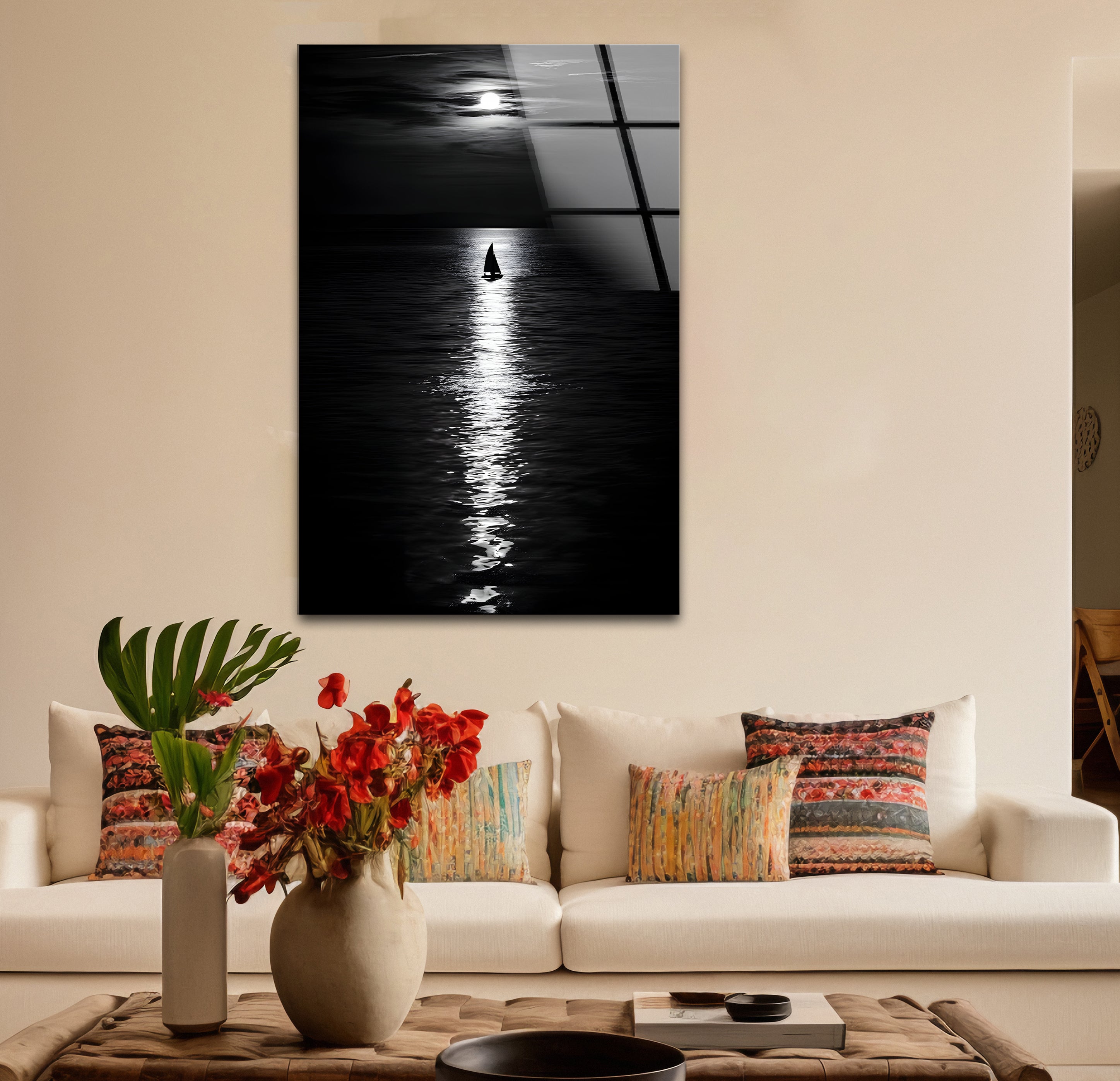 Black and White Moonlight Landscape Glass Wall Art - Elegant Home Decor for Living Room, Bedroom & Office - Perfect Gift for Housewarming & Holidays