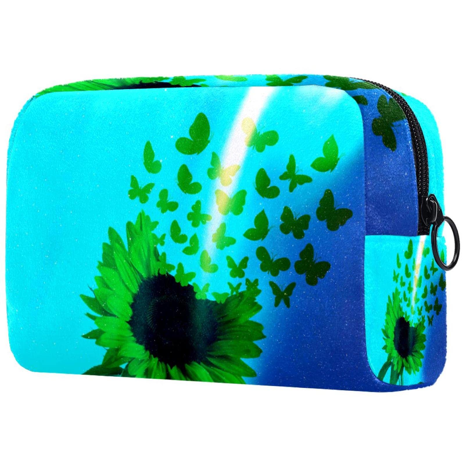 Elegant Small Makeup Bag for Women - Travel Cosmetic Pouch with Aurora Butterfly & Sunflower Print - Perfect for Daily Essentials, Travel Organizer, Gift Idea