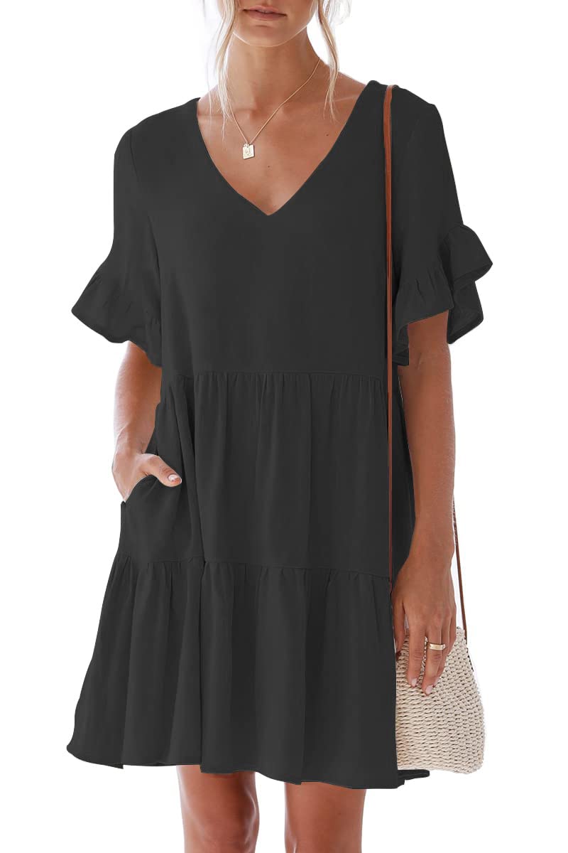 Nclook Women's Summer Casual Dress - Sweet & Cute V-Neck Mini Dress with Pockets, Short Sleeve Ruffles | Perfect for Beach Outings, Date Nights & Summer Vacations