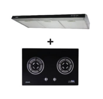 Ellane 60cm/90cm Slimline Hood with Black Panel EH 9180 + Ellane WG 2SV 80cm 2 Burner Glass Gas Cooker - Modern Kitchen Range Hood & Gas Stove for Home Cooking & Ventilation
