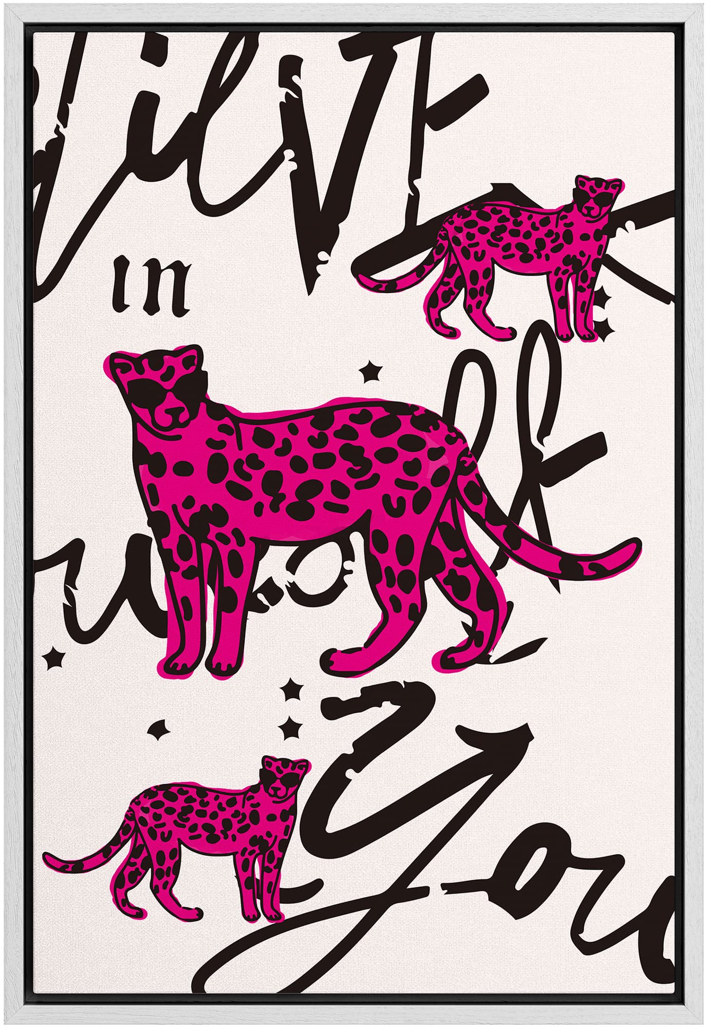 Framed Canvas Wall Art - African Pink Cheetah Silhouette Collage, Nature Wilderness Drawings, Boho Chic Animal Print for Living Room, Bedroom, Office Decor (16x24 Inches, White Frame) | Perfect for Coastal, Preppy & Safari Theme Rooms