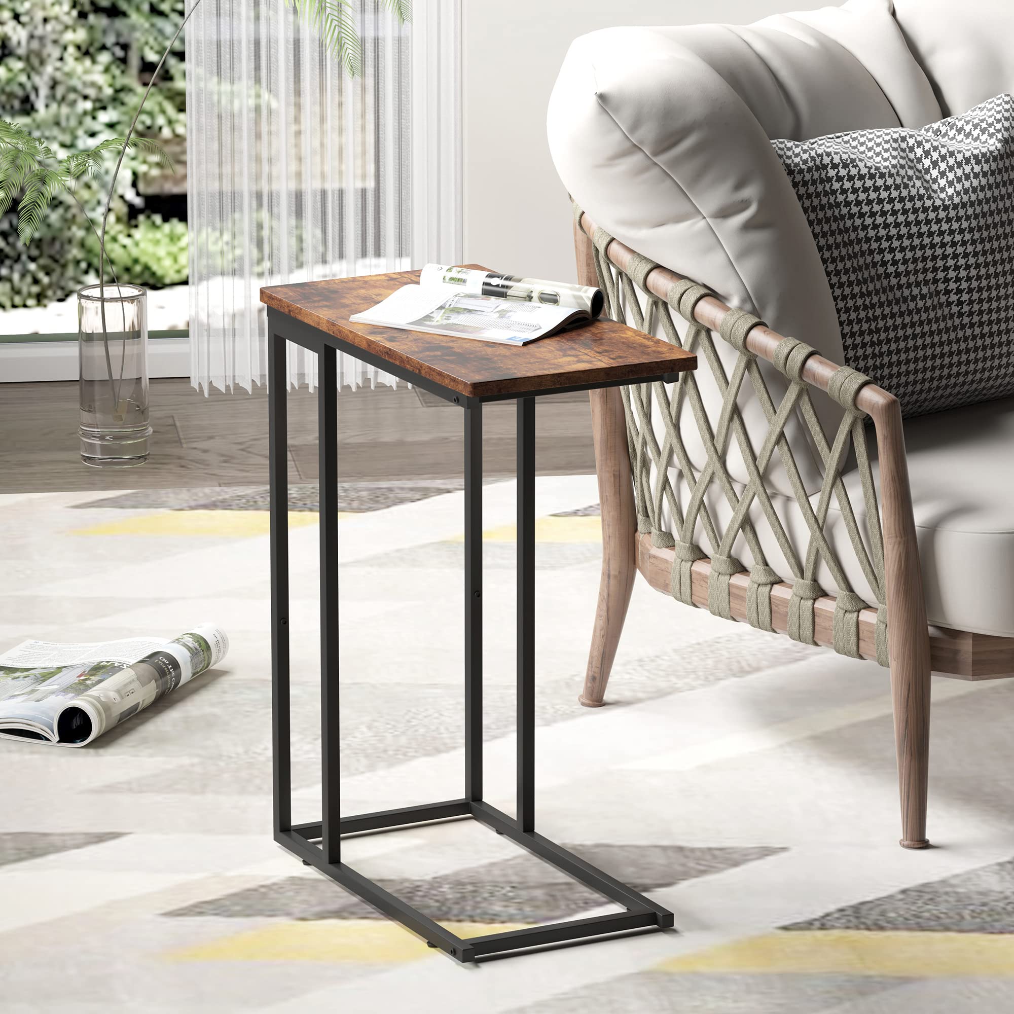 Industrial C-Shaped Side Table - Slim Narrow Sofa End Table, Rustic Brown Coffee Laptop Snack Table for Living Room & Small Spaces | Perfect as Nightstand, Couch Table or Bedside Table