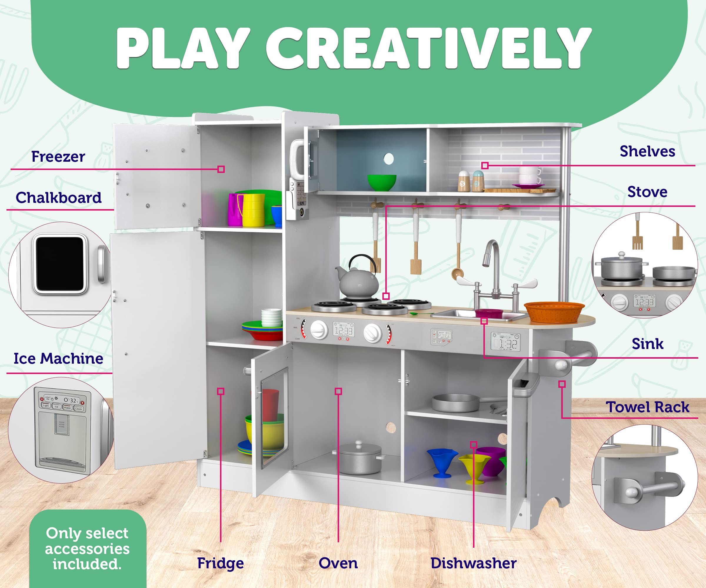 Wooden Play Kitchen Set for Kids - Pretend Cooking Toy with Stove, Oven, Microwave, Fridge, Sink & 20+ Accessories - Educational Role Play for Toddlers Ages 3-8 - Perfect for Home, Preschool & Daycare Pretend Play