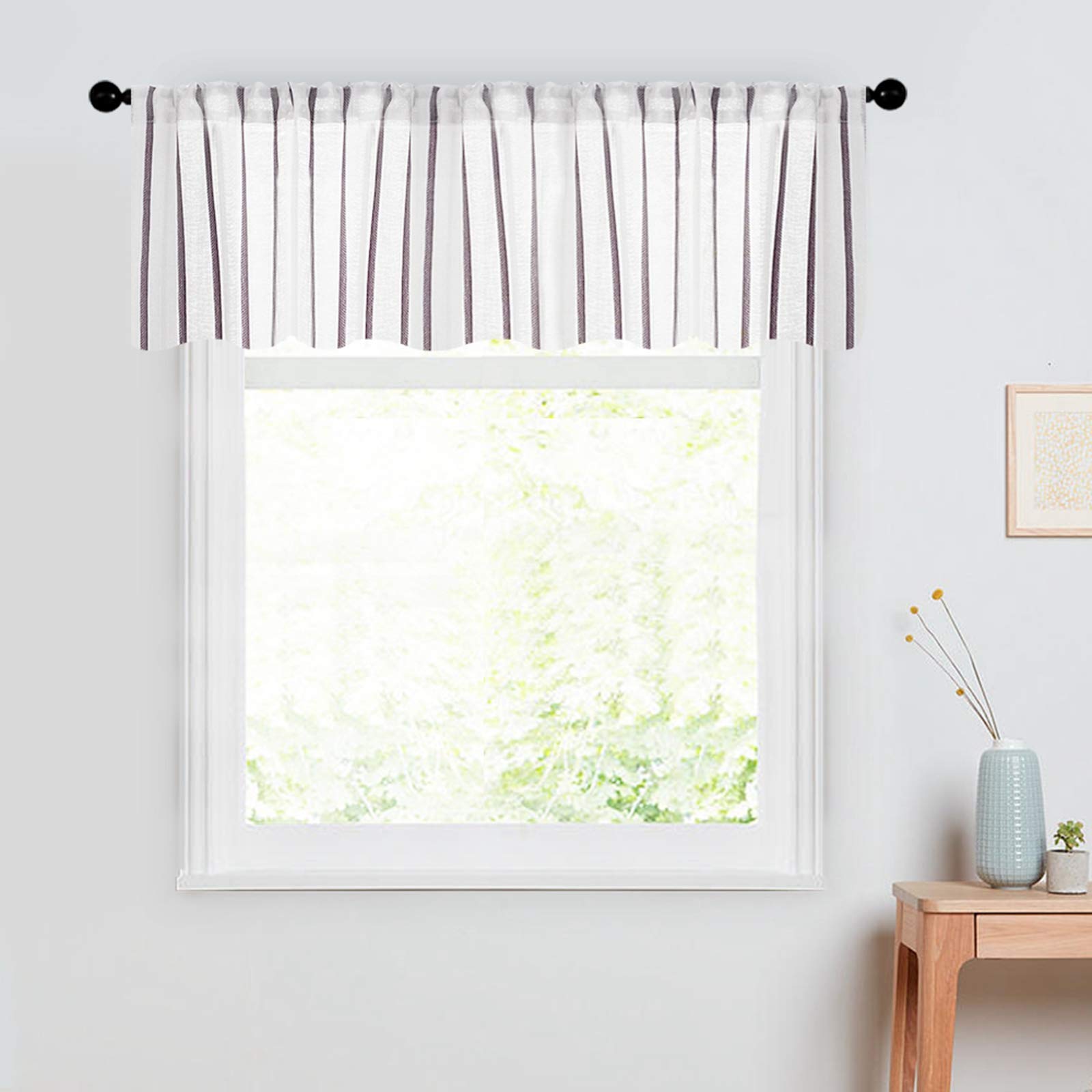 MRTREES Striped Sheer Valance Curtain with Rod Pocket - Light Filtering Linen Textured Window Treatment for Bedroom, Living Room & Kitchen (1 Panel, 54x16 Inches, Grey Stripe) - Perfect for Adding Elegance to Windows & Enhancing Natural Light