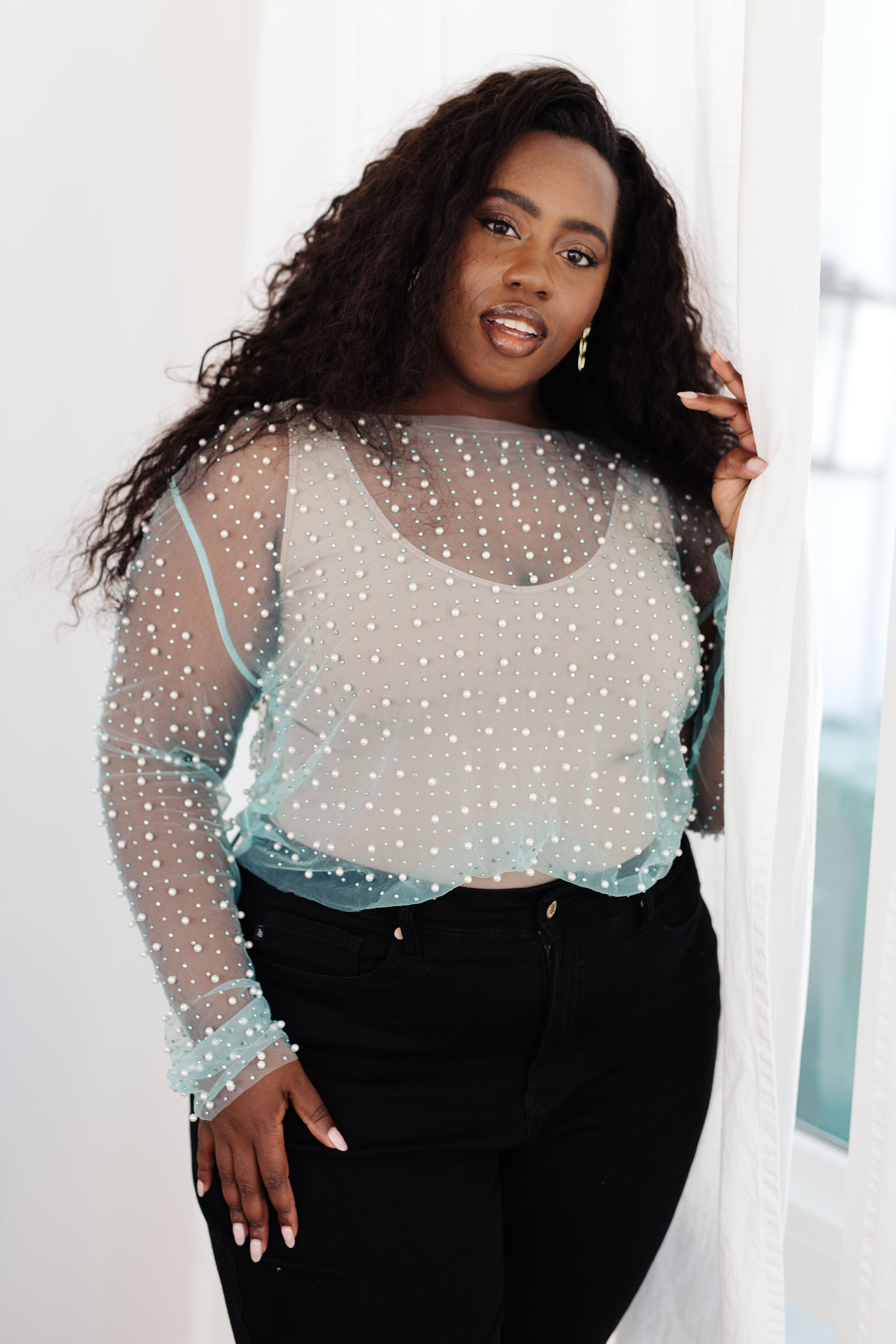 Pearl Diver Layering Top in Light Cyan - Women's Fashion Blouse for Casual Wear, Office & Date Night Outfits