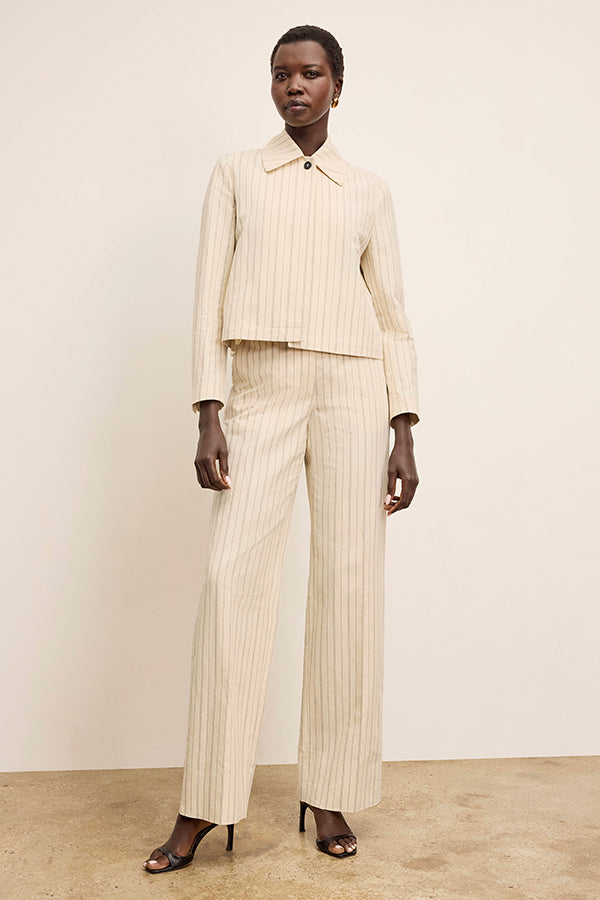 Tinsley Wide Leg Pants for Women - Breeze Stripe Pattern in Ecru & Navy - Comfortable High Waist Trousers for Office, Travel & Casual Wear