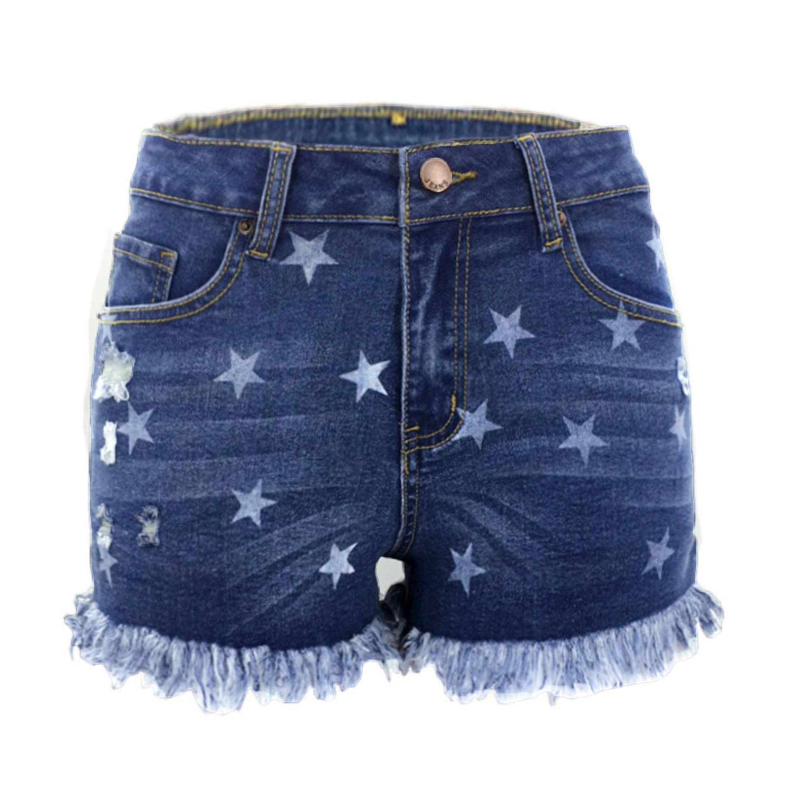 Sexy Women's Mid Waist Butt Lift Skinny Denim Shorts - Frayed Raw Hem & Stars Print Ripped Jeans (Dark Blue, US Size 6-8) | Perfect for Summer Outfits, Parties & Casual Wear