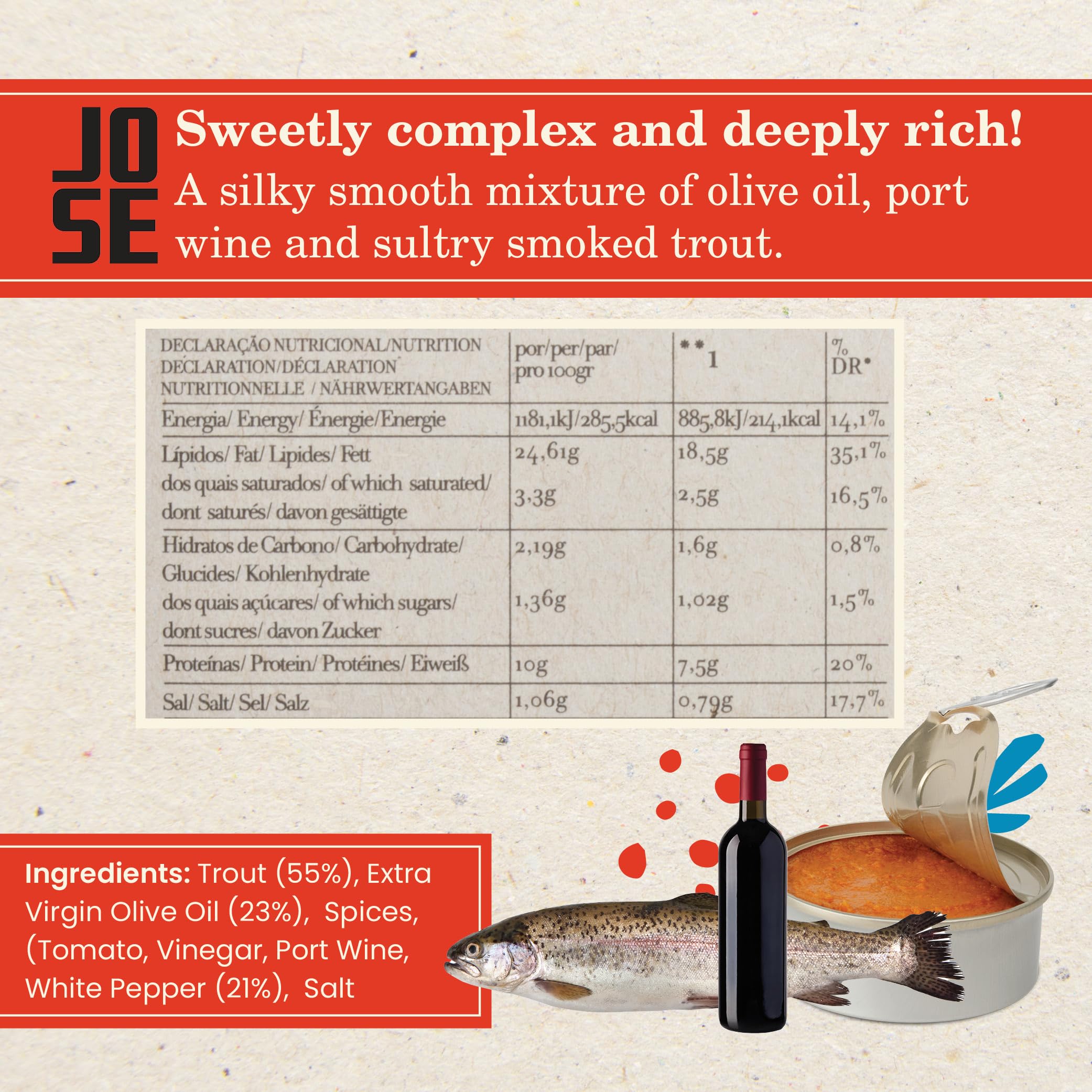 Premium Wild Caught Portuguese Canned Trout Paté with Port Wine by Jose Gourmet - High Protein, Omega-3 Rich, Sustainable Seafood in 75g Can - Perfect for Charcuterie Boards, Gourmet Snacks & Healthy Meal Prep